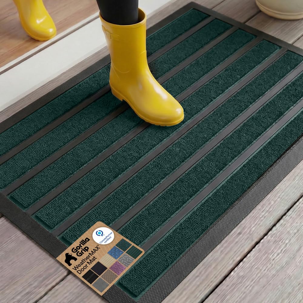 GORILLA GRIP 100% Waterproof All-Season WeatherMAX Doormat US Designed Natural Rubber, Stain Fade Resistant, Low Profile Indoor Outdoor Front Door Mats Outside Entrance, Easy Clean 29x17 Gray Diamond