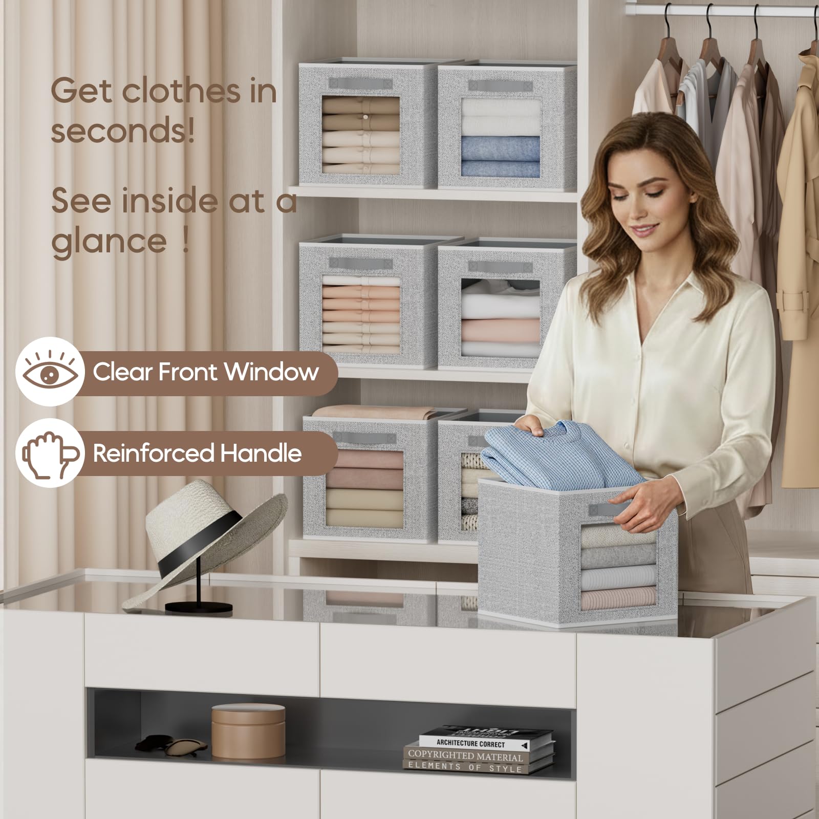 Homsorout Storage Cube 11 Inch - Cube Storage Bins with Window, Closet Storage Baskets with Handle, Fabric Bins for Closet, Shelves, Toys, Clothes, Set of 6, Grey