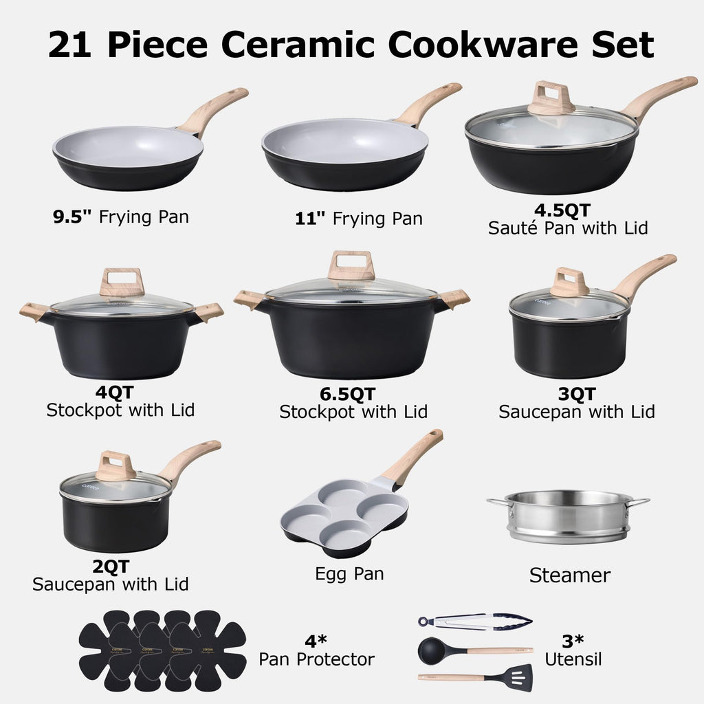 CAROTE 21Pcs Pots and Pans Set, Nonstick Cookware Sets, White Granite Induction Cookware Non Stick Cooking Set w/Frying Pans & Saucepans(PFOS, PFOA Free)