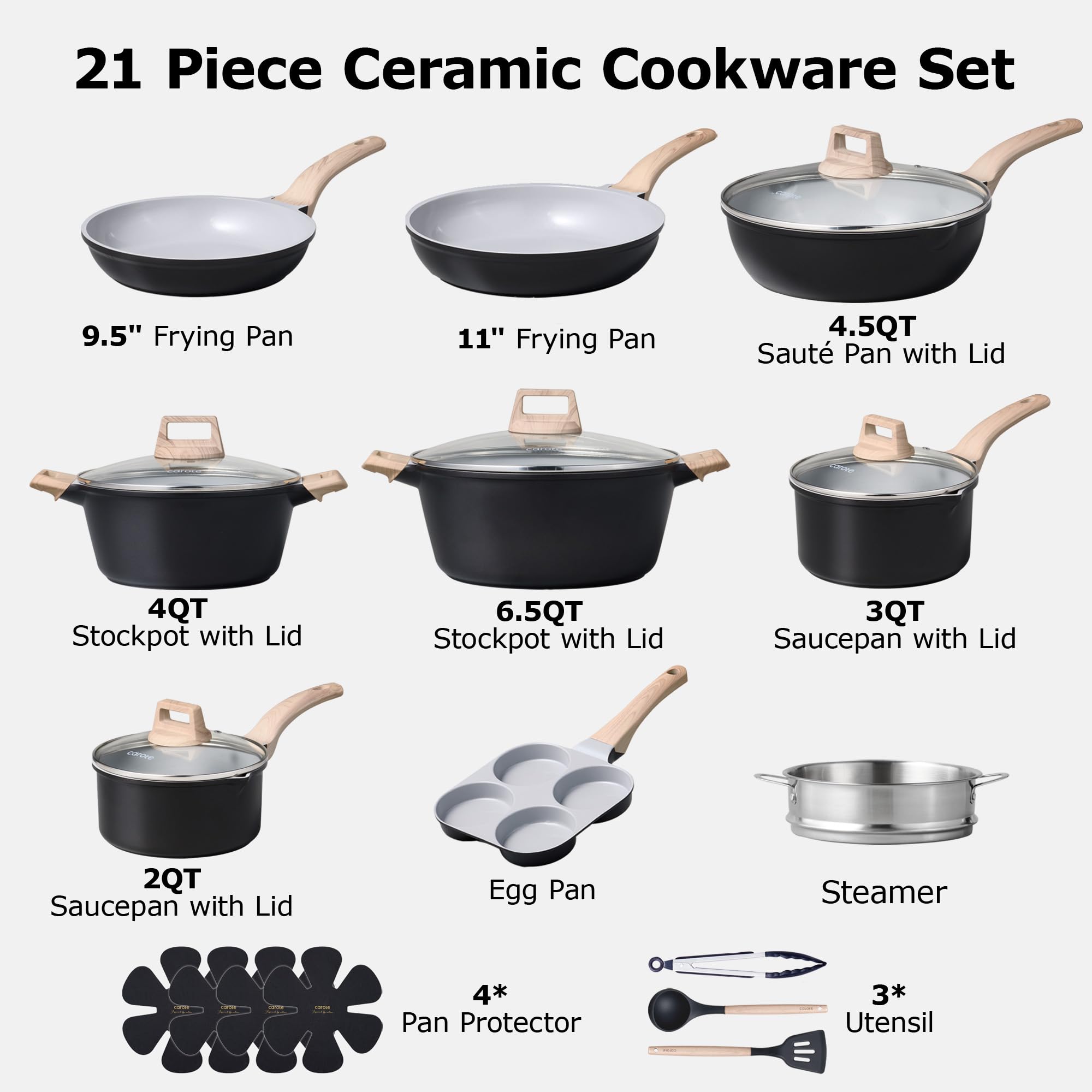 CAROTE 21Pcs Pots and Pans Set, Nonstick Cookware Sets, White Granite Induction Cookware Non Stick Cooking Set w/Frying Pans & Saucepans(PFOS, PFOA Free)