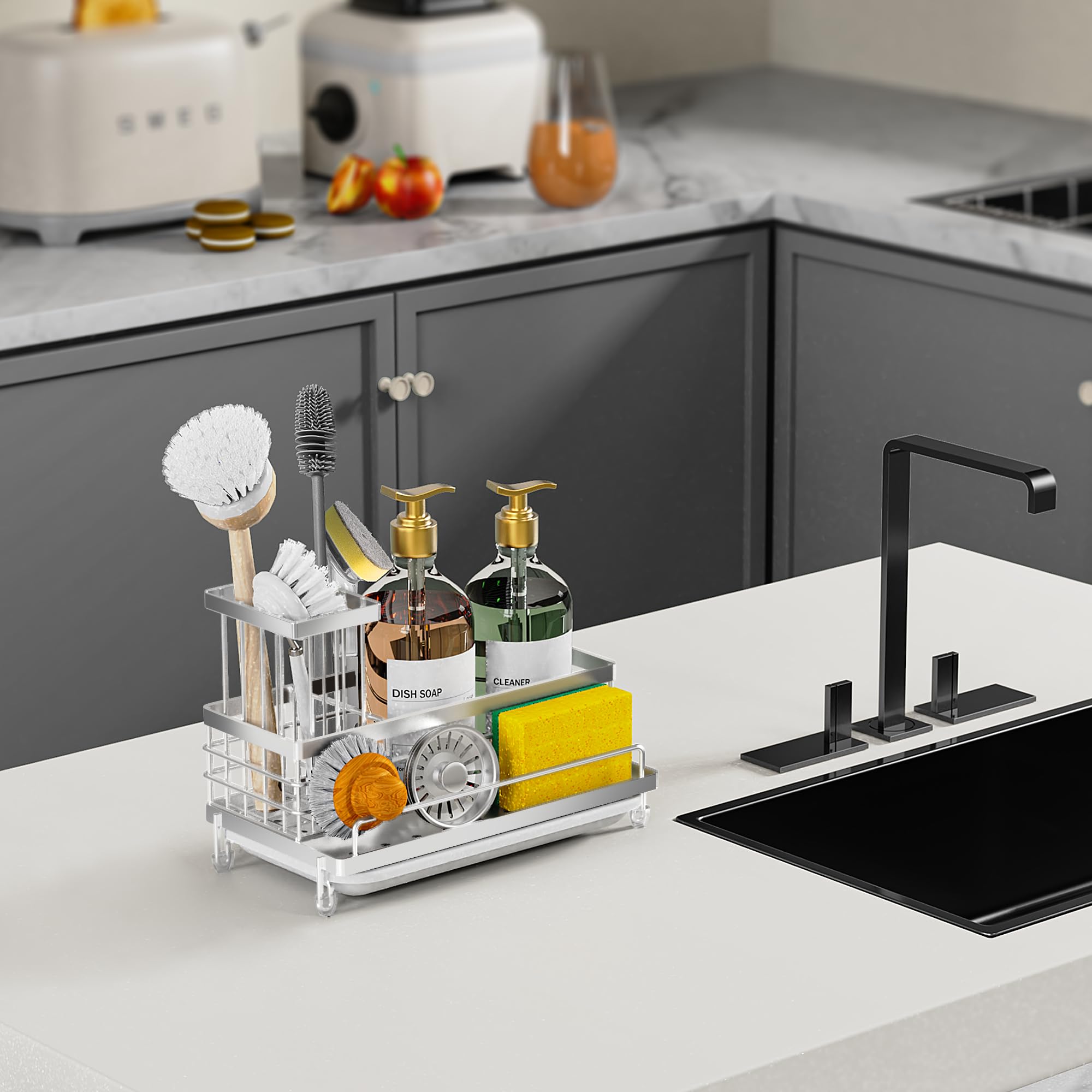 Cisily Large Capacity Kitchen Sink Caddy Organizer, Rustproof Non-Slip Sponge Holder With Dish Brush Holder Organizer, Kitchen Organization and Storage, Essentials Accessories for Countertop