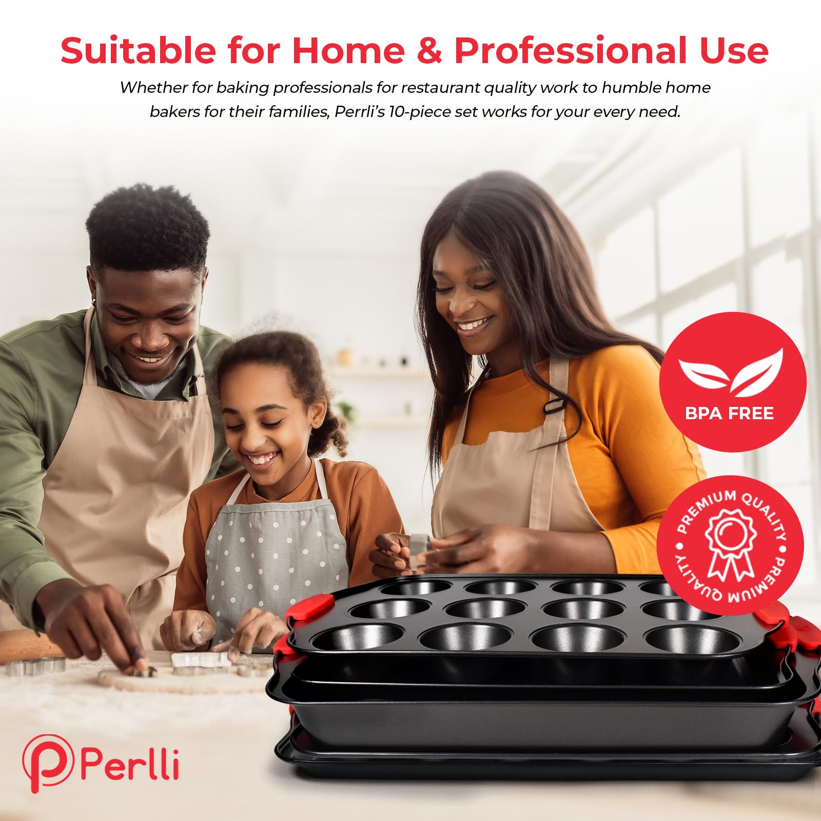 PERLLI Non-Stick 6-Piece Baking Pan Set, BPA-Free Carbon Steel Bakeware Set with Silicone Handles, Stackable Kitchen Oven Set, Cookie Sheet, Baking Tray, Baking Sheet Set, Oven Safe (446°F)