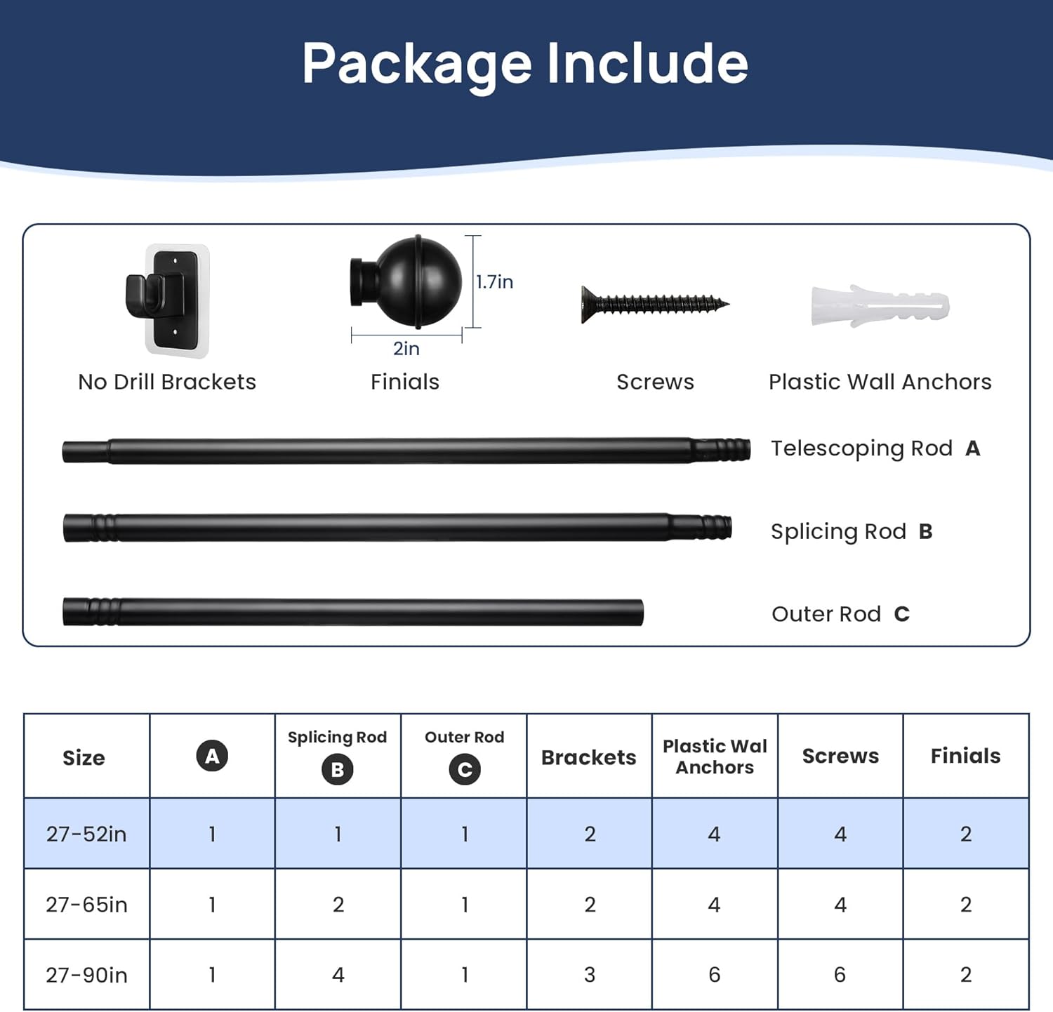 ENJOYBASICS 2 Pack No Drill Curtain Rods for Window 28 to 48 Inches, 5/8 Inch Diameter Renter Friendly Drapery Rod with Adhesive Brackets without Drilling, Adjustable from 27 to 52 Inches, Black