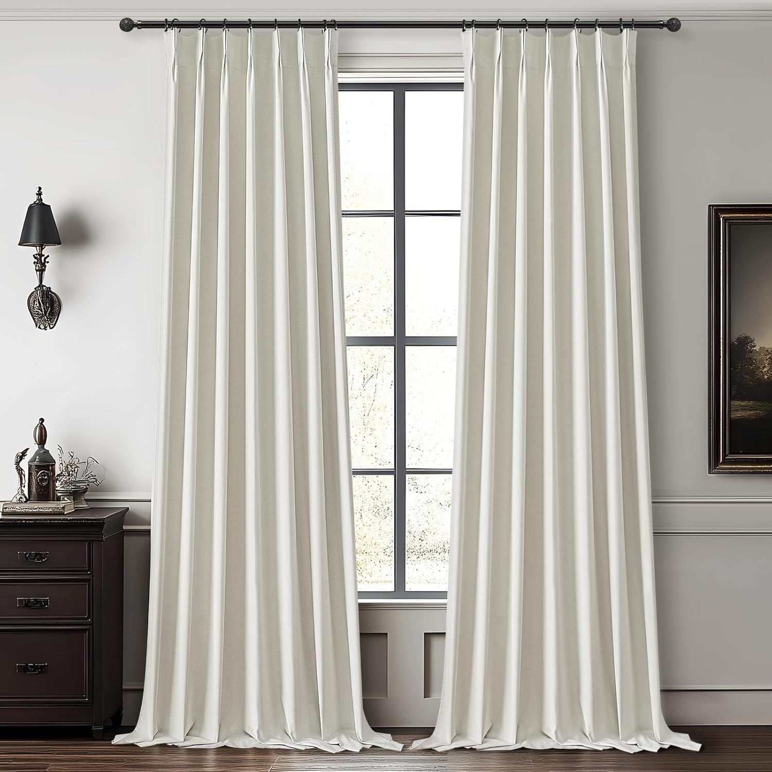 Natural Linen Pinch Pleated Blackout Curtains & Drapes 96 Inch Long Bedroom/Livingroom Farmhouse Curtains 2 Panel Sets, Neutral Track Room Darkening Thermal Insulated 8ft Back Tab Window Curtain