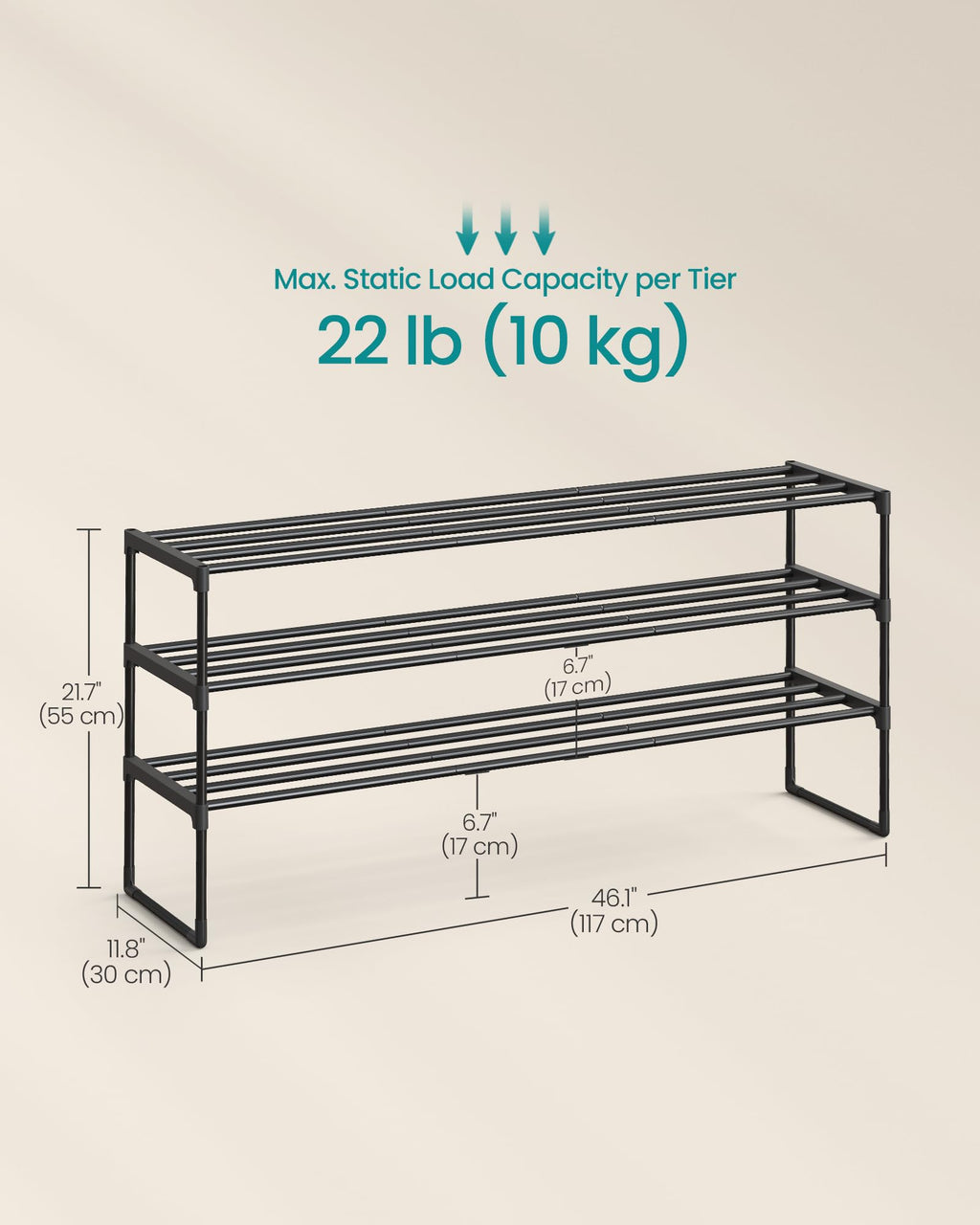 SONGMICS Shoe Rack, 3-Tier Shoe Organizer, Metal Storage Shelf, Upright or Upside Down, for 16-20 Pairs, Stackable, for Entryway, 11.8 x 36.2 x 21.7 Inches, Black ULSA303B02