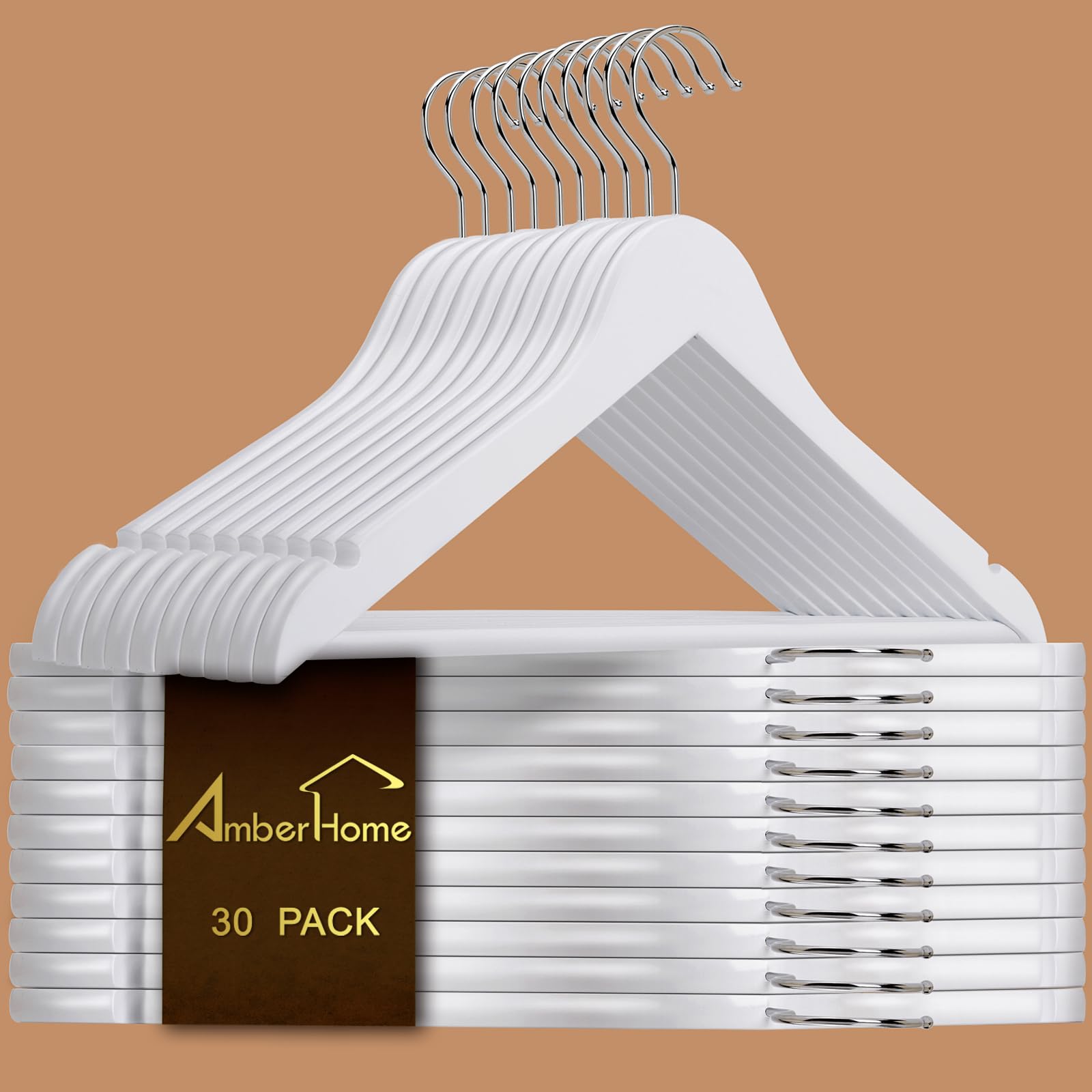 Amber Home 30 Pack Wooden Coat Hangers, Natural Wood Suit Hangers with Non-Slip Pant Bar, Clothes Hangers for Closet Organization, Shirts, Jackets, Dresses, and Pants (Natural, 30)