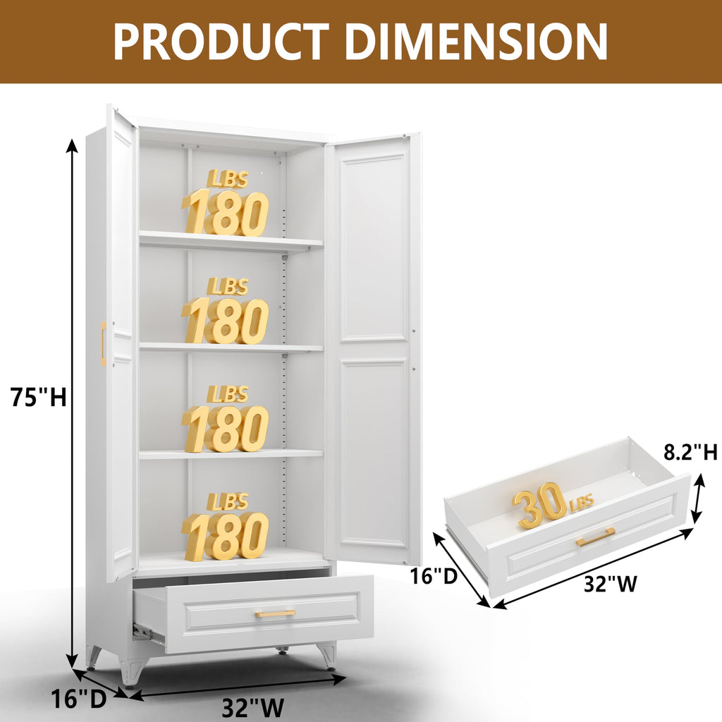 Polup White Kitchen Pantry Cabinet, 71 Inch Tall Metal Storage Cabinet with Doors and Shelves, Pantry Cabinets for Kitchen Storage, Freestanding Cupboard for Living, Dining Room, Assemble Required
