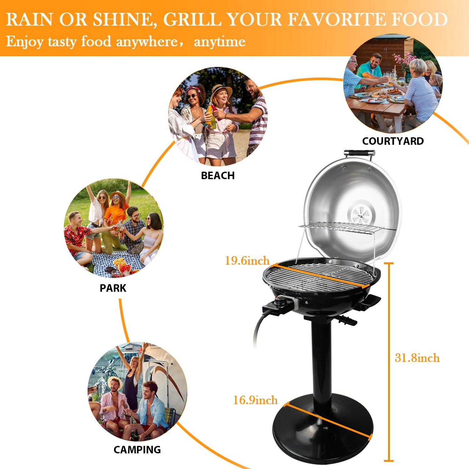Electric Grill, Techwood Indoor/Outdoor Electric BBQ Grill, 1600W Portable Removable Stand Grill with Adjustable Heat & Drip Tray, Double Layer Design for Party, Patio & Backyard (Black)