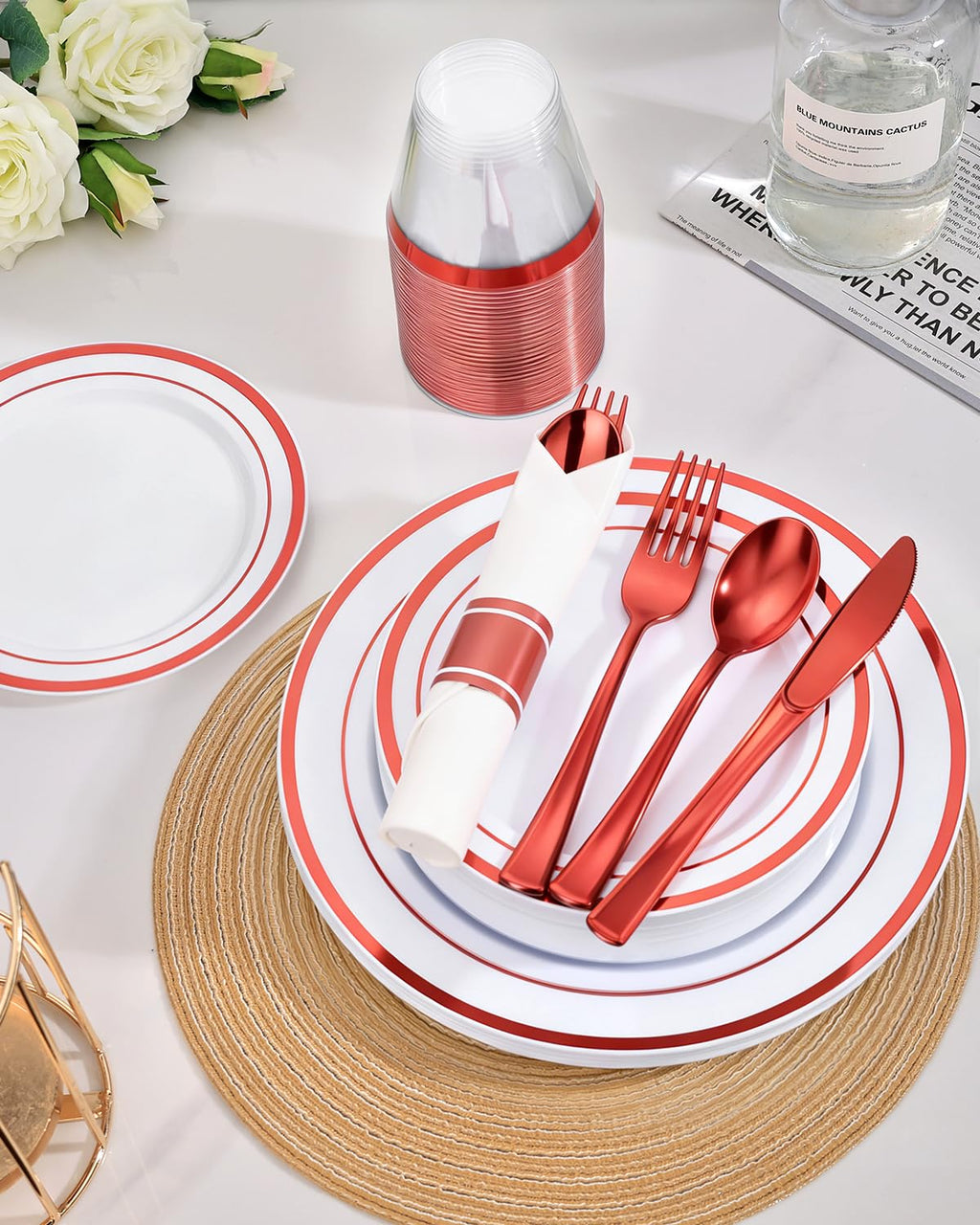 Goodluck 350 Piece Silver Plastic Dinnerware Set for 50 Guests, Fancy Disposable Plates for Party, Include: 50 Dinner Plates, 50 Dessert Plates, 50 Pre Rolled Napkins with Silver Silverware, 50 Cups