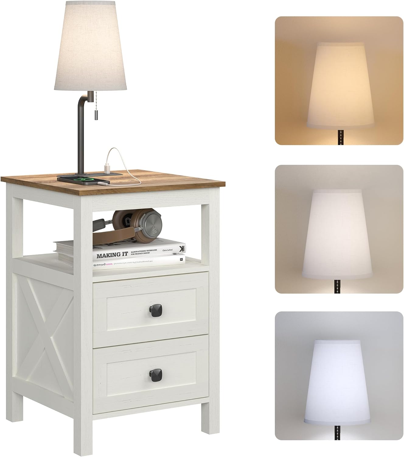 WOPITUES Nightstand with Charging Station, Farmhouse Night Stand with Drawers, Bedside Table, End Table for Bedroom, Living Room, Rustic White & Rustic Brown