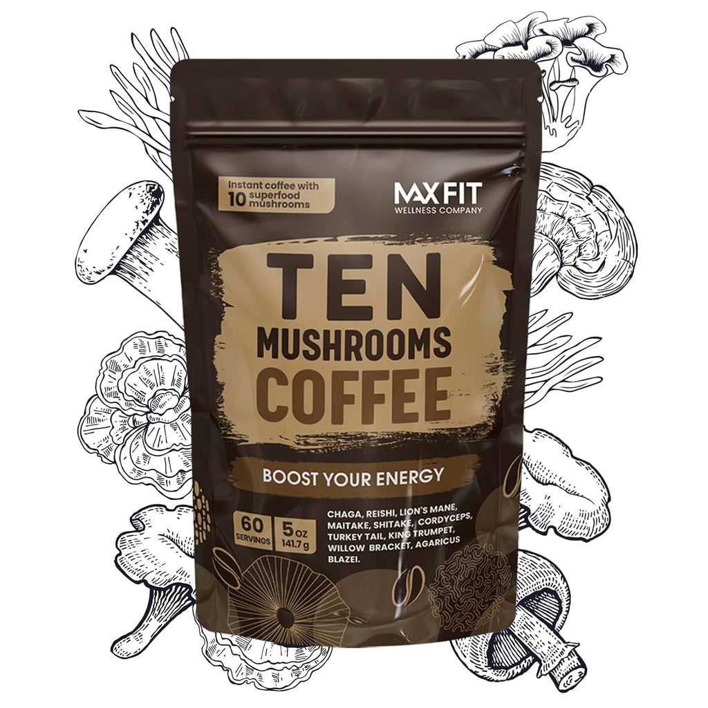 Mushroom Coffee (60 Servings) 10 Mushrooms (Lion’s Mane, Cordyceps, Turkey Tail & Other) Mixed With Gourmet Arabica Instant Immune Boosting Coffee for Focus & Gut Health Support