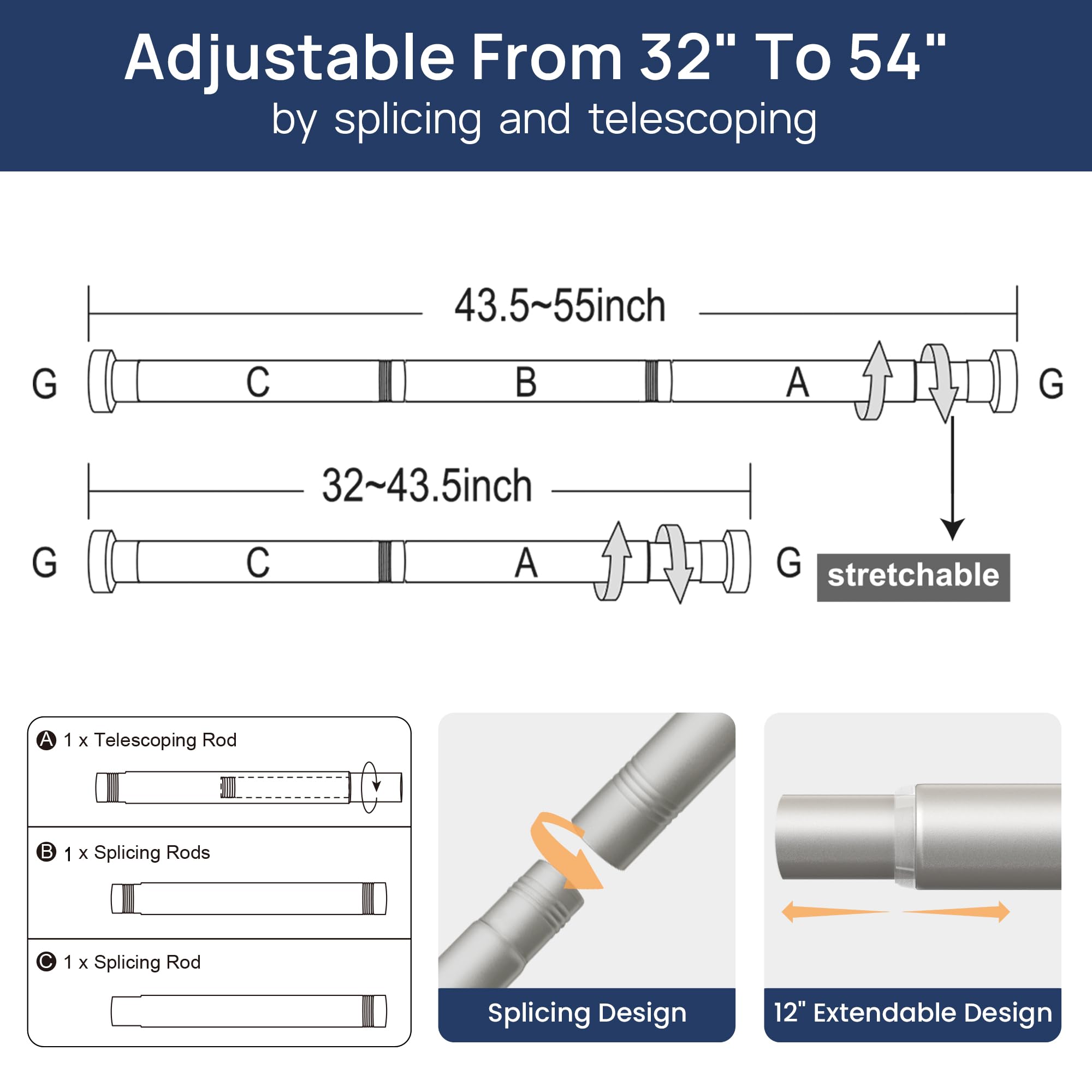 ENJOYBASICS 2 Pack Adjustable Spring Tension Curtain Rods 32 to 66 Inches, Stainless Steel Matte Black Shower Rod No Drilling for Window, Bathroom, Closet, Room Divider, 7/8" Diameter