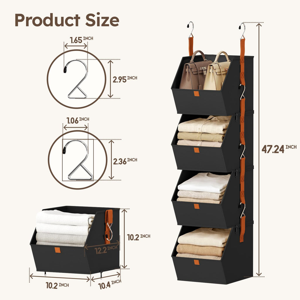 Homsorout Hanging Closet Organizer 4 Tier - Clothes Hanging Shelves, Space-Saving Closet System, Fabric Storage Bins Bedroom Organization, Collapsible Baskets for Home, Dorm, Rv, Beige