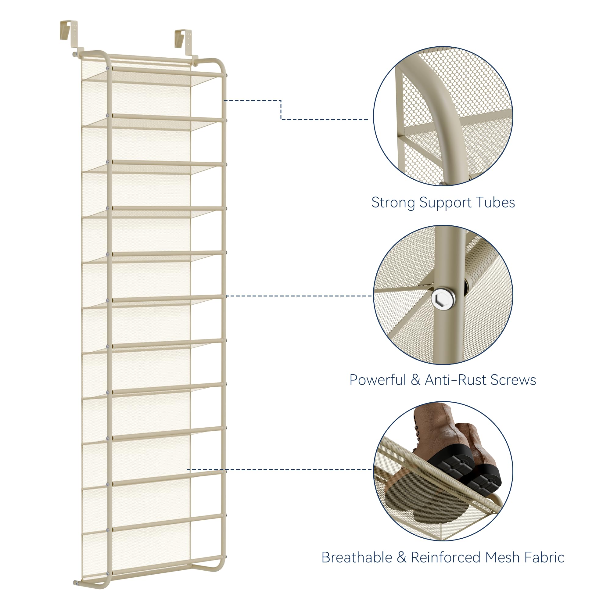 Whitmor 36 Pair Over the Door Shoe Organizer, 12 Tier Hanging Shoe Organizer, Heavy Duty Metal & Mesh Shoe Holder, Hanging Shoe Rack for Closet Organizer & Storage, 74"L x 21.7"W x 7.5"H, White