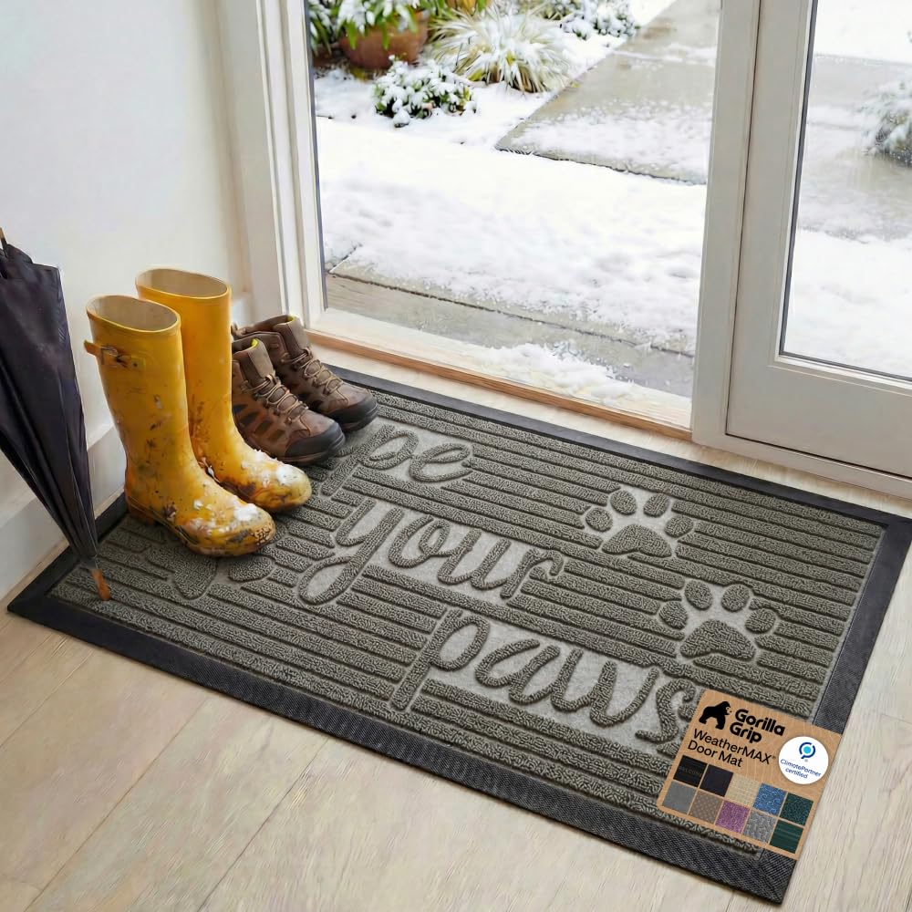 GORILLA GRIP 100% Waterproof All-Season WeatherMAX Doormat US Designed Natural Rubber, Stain Fade Resistant, Low Profile Indoor Outdoor Front Door Mats Outside Entrance, Easy Clean 29x17 Gray Diamond