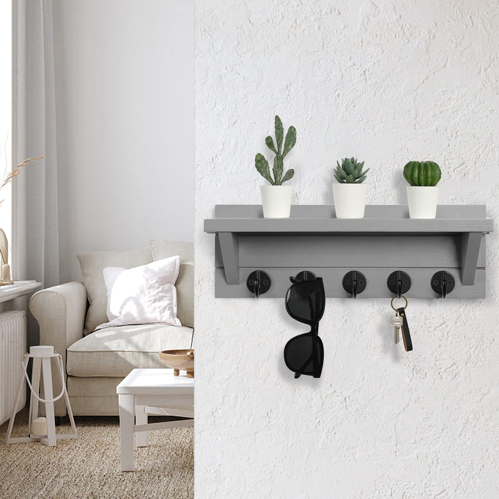 Wall Key Holder with Shelf, Rustic Shelf with Hooks Made of Paulownia Wood Holds Keys, Dog Leash, Bags and More - 13.7" W x 4.7" H x 3.5" D Decorative Key Hanger and Entryway Shelf (Gray)