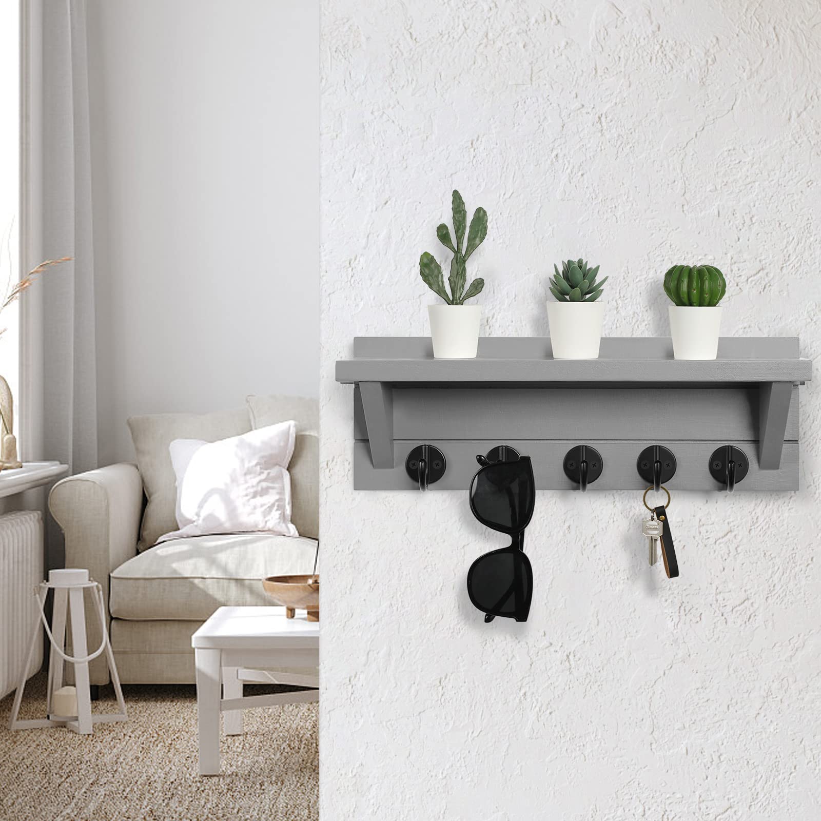 Wall Key Holder with Shelf, Rustic Shelf with Hooks Made of Paulownia Wood Holds Keys, Dog Leash, Bags and More - 13.7" W x 4.7" H x 3.5" D Decorative Key Hanger and Entryway Shelf (Gray)