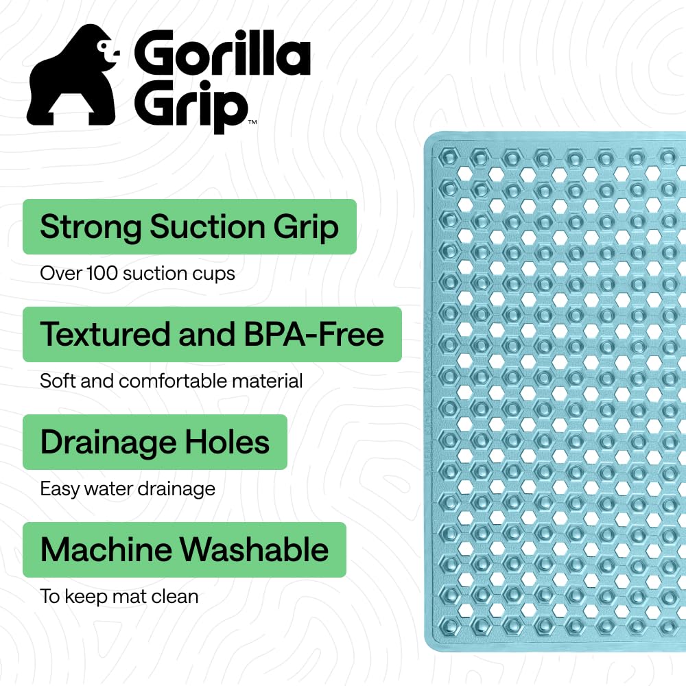 GORILLA GRIP Patented Bath Tub Shower Mat, Machine Washable Bathtub Floor Liner Mats, Suction Cups and Drain Holes to Keep Tubs Clean, Soft on Feet, Bathroom Essentials, 35x16 Inch, Clear