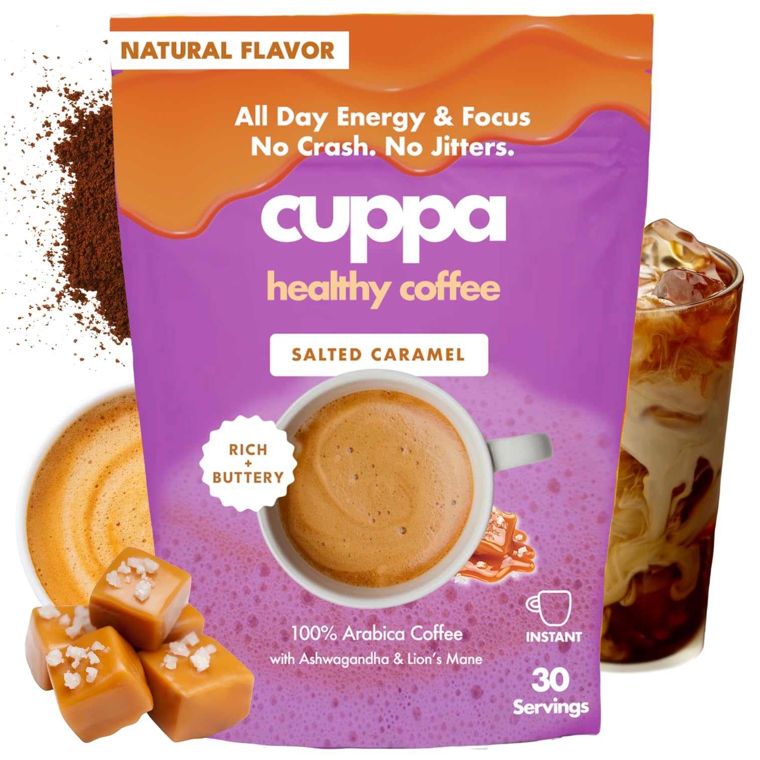 Cuppa Medium Roast Mushroom Coffee with Adaptogens & Superfoods - Lion’s Mane, Ashwagandha & Cordyceps. Adaptogens + MCT to support natural energy, mental focus & gut health (30 Servings)