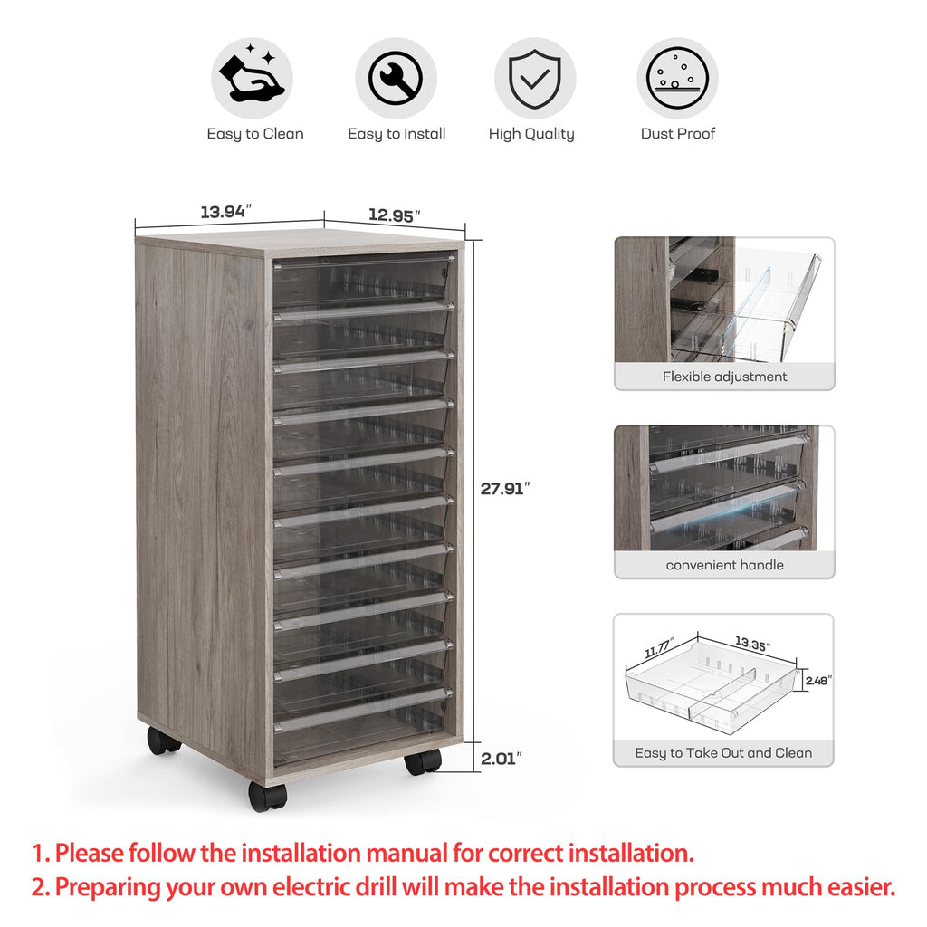 WOPITUES Storage Drawer Cart, Mobile Storage Cabinet, Makeup Storage with 10 Large Clear Drawers, Utility Wooden Rolling Cart on Wheels, for Cosmetic, Art Craft, Office Supplies, Toy, White