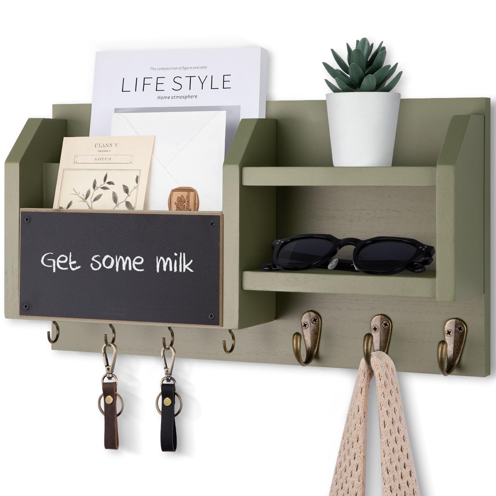 Mail and Key Holder – Wall Mount Key Hanger with Shelf and 7 Metal Hooks – Decorative Natural Paulownia Wood Entryway Organizer with Mounting Hardware (16.5”W x 8.7”H x 3.5”D) (Brown)