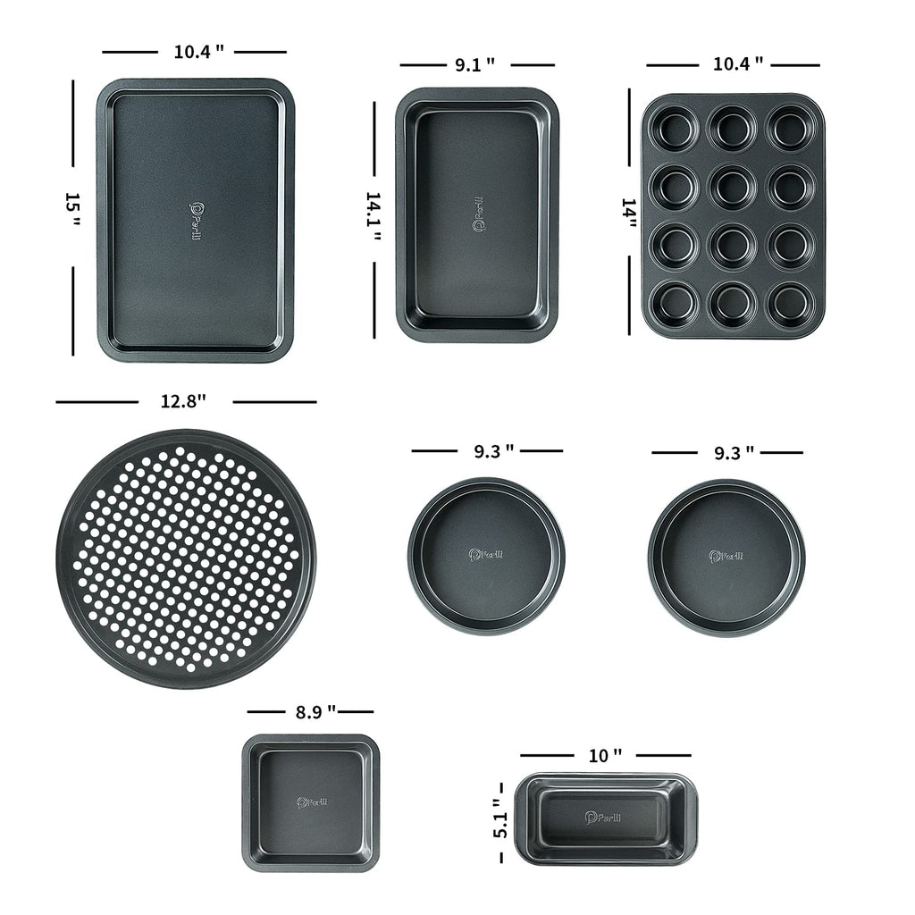 PERLLI Non-Stick 10-Piece Bakeware Set – Carbon Steel with Even Heat Distribution, Oven Safe to 446°F, BPA-Free, Dishwasher Safe, Stackable Baking Tools for Easy Storage and Everyday Cooking - Gray