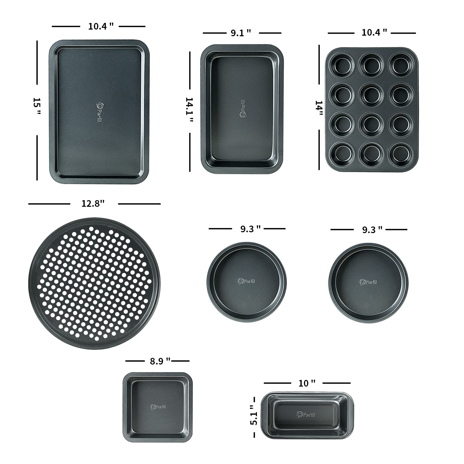 PERLLI Non-Stick 10-Piece Bakeware Set – Carbon Steel with Even Heat Distribution, Oven Safe to 446°F, BPA-Free, Dishwasher Safe, Stackable Baking Tools for Easy Storage and Everyday Cooking - Gray
