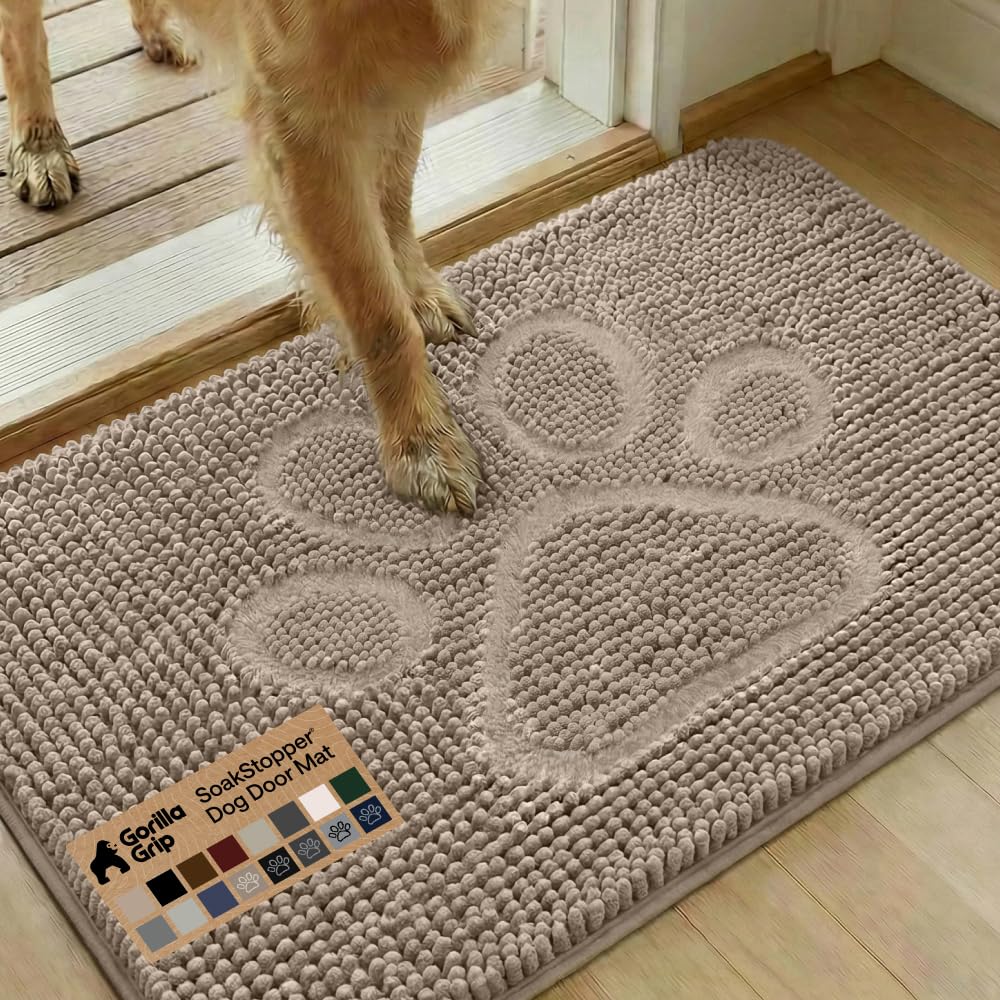 GORILLA GRIP SoakSTOPPER Dog Door Mat, Machine Washable Rug Absorbent Doormat Captures Moisture Mud Dirt, Quick Dry Soft Chenille Entryway Rugs Indoor Entrance Mats for Dog Paws, 24x17 Grey
