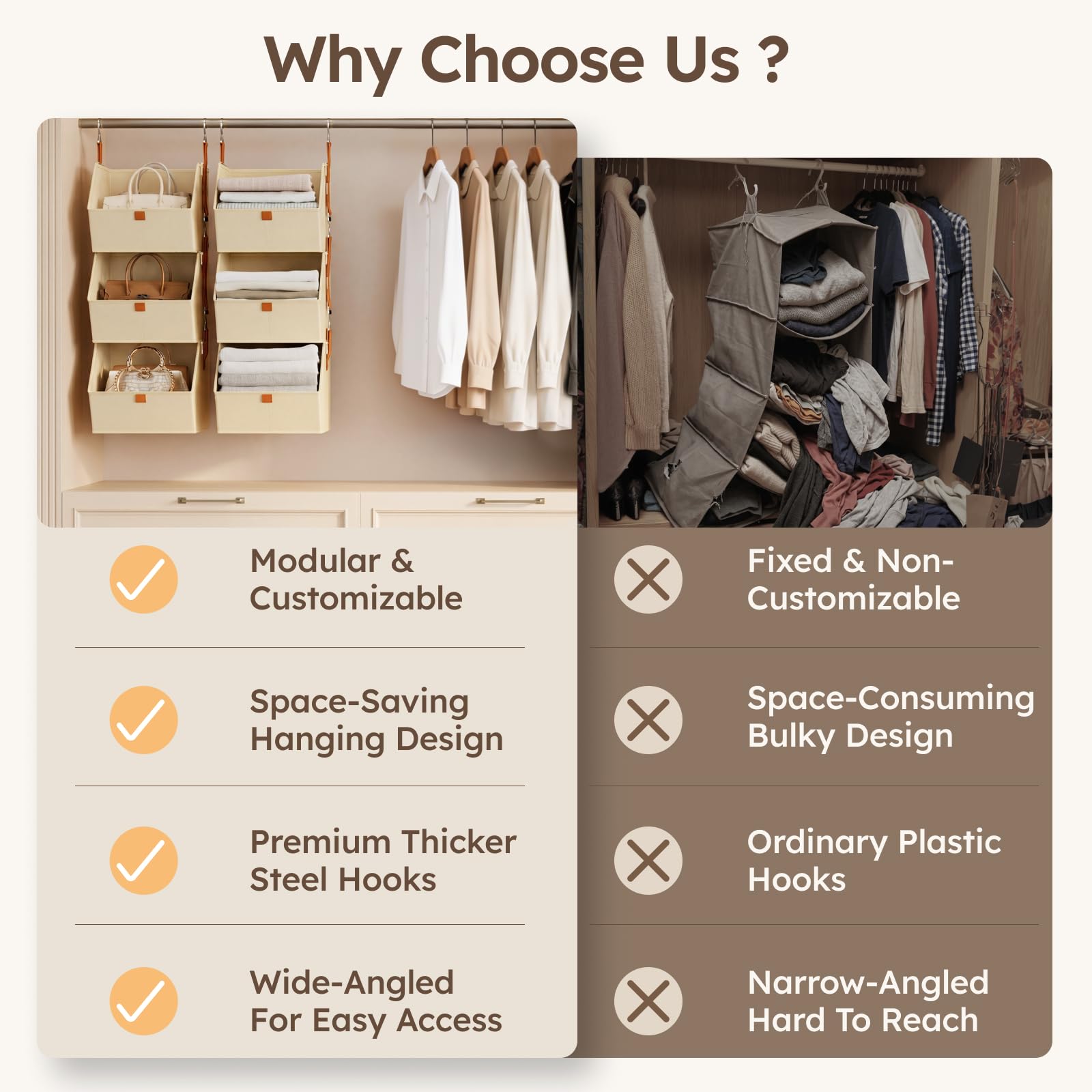 Homsorout Hanging Closet Organizer 4 Tier - Clothes Hanging Shelves, Space-Saving Closet System, Fabric Storage Bins Bedroom Organization, Collapsible Baskets for Home, Dorm, Rv, Beige