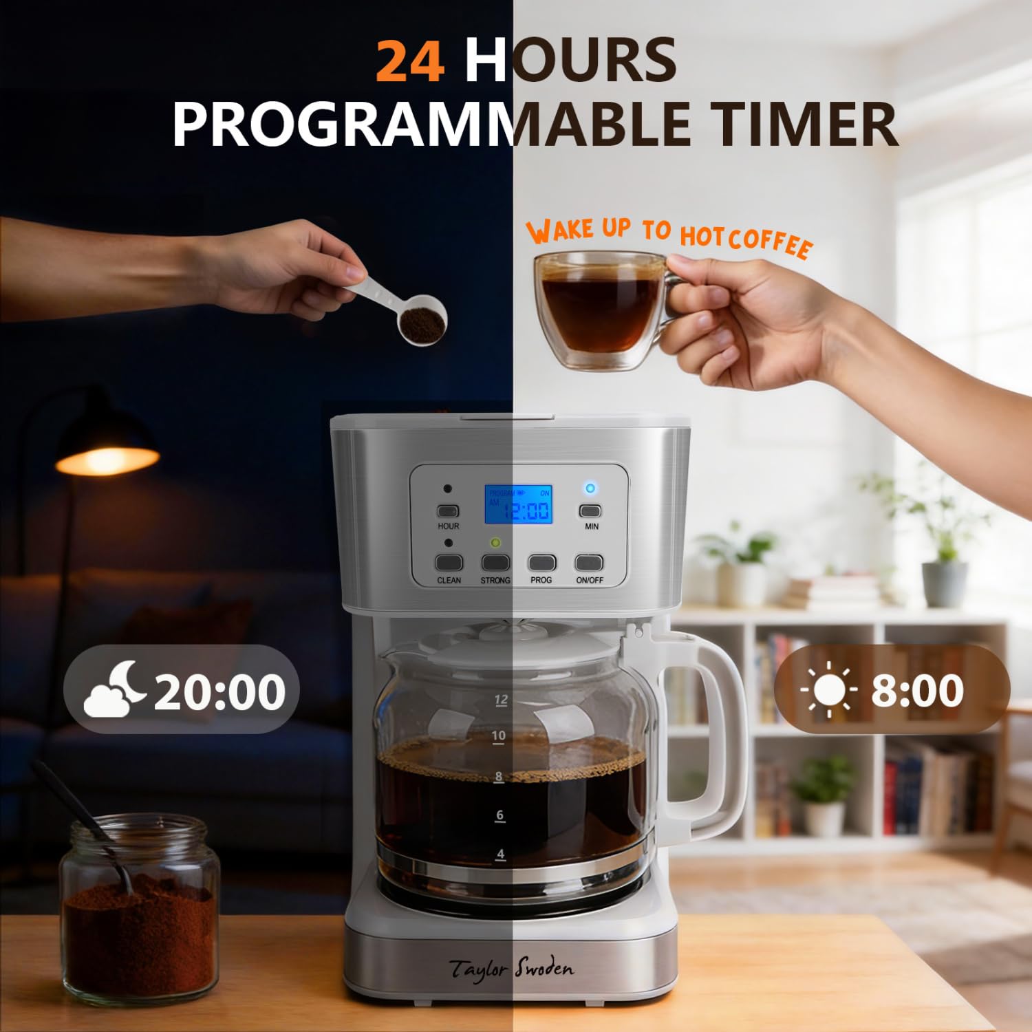 Taylor Swoden 12-Cup Programmable Coffee Maker, Regular & Strong Brew Drip Coffee Machine for Home and Office, Glass Carafe, Pause & Serve, Auto Shut Off, Black & Stainless Steel