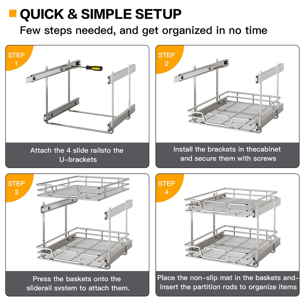 2-Tier Kitchen Cabinet,Pull Out Cabinet Organizer,Shelf and Drawer Organizer Slide Out Pantry Storaqe Basket in Multiple Sizes (12" W x21 D)