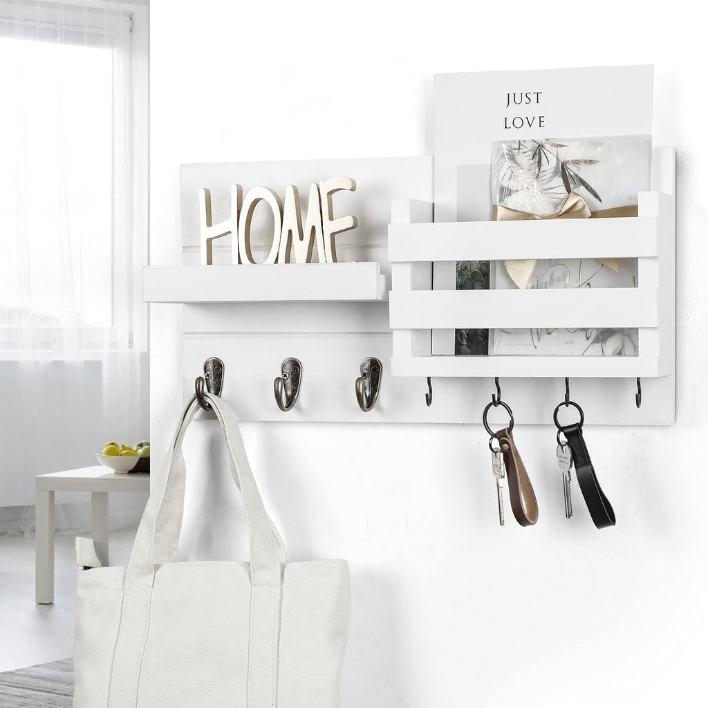 Mail Organizer for Wall Mount – Key Holder with Shelf Includes Letter Holder and Hooks for Coats, Dog Leashes – Rustic Wood with Flush Mounting Hardware (16.5” x 8.7” x 3.5”)