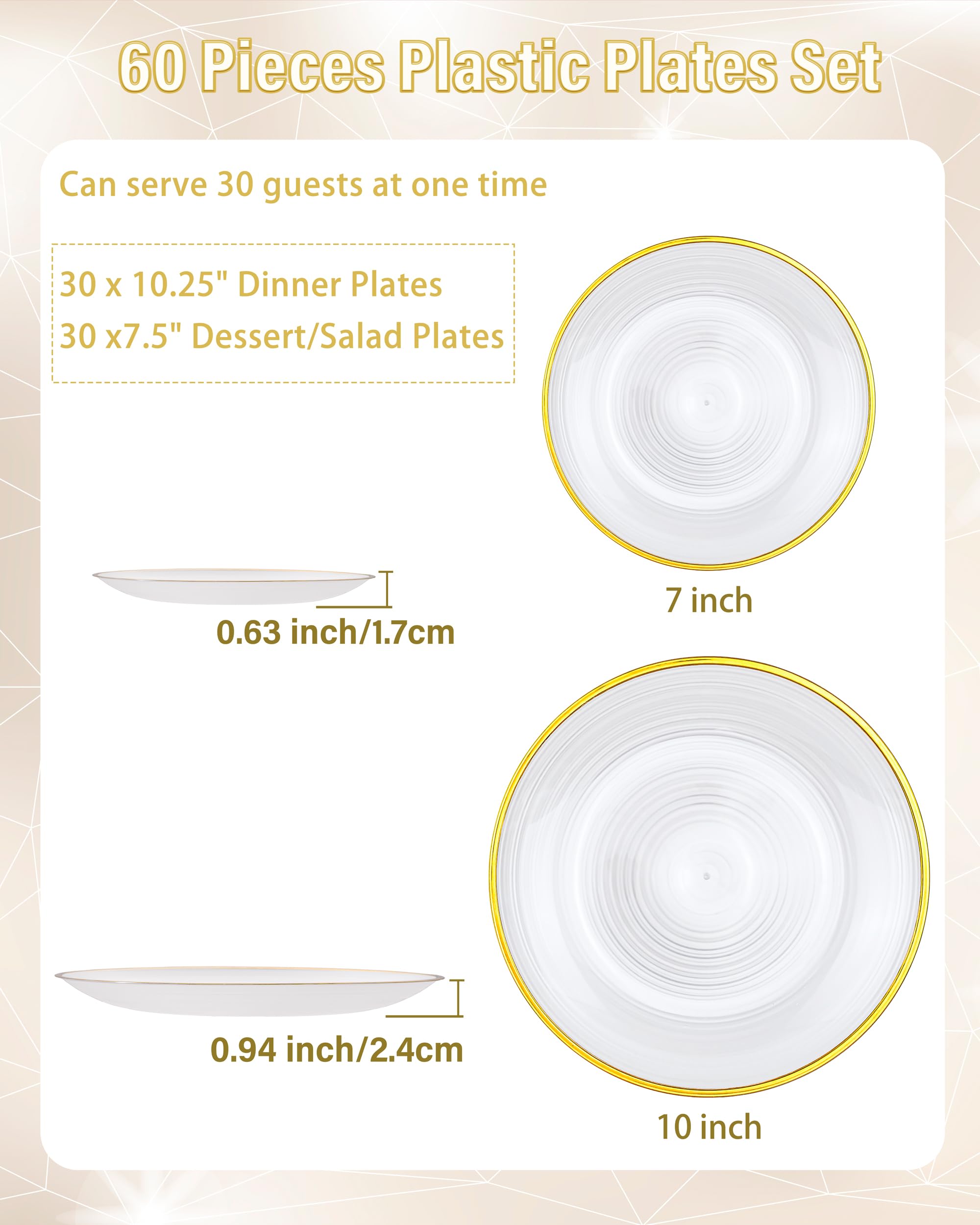 Morejoy 60Pcs Brown Plastic Plates,Brown Disposable Plates With Gold Rim, Gold Party Dinnerware Set Include 30 Dessert plates,30 Dinner plates for Party & Wedding