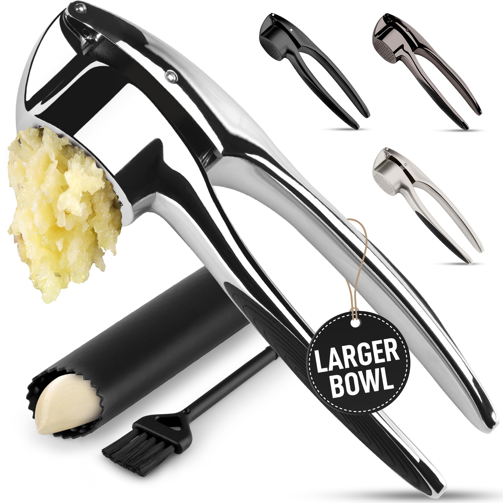Zulay Kitchen Premium Garlic Press Set - Rust Proof Professional Garlic Mincer Tool - Easy-Squeeze, Easy-Clean with Soft, Ergonomic Handle - Silicone Garlic Peeler & Brush (Silver)