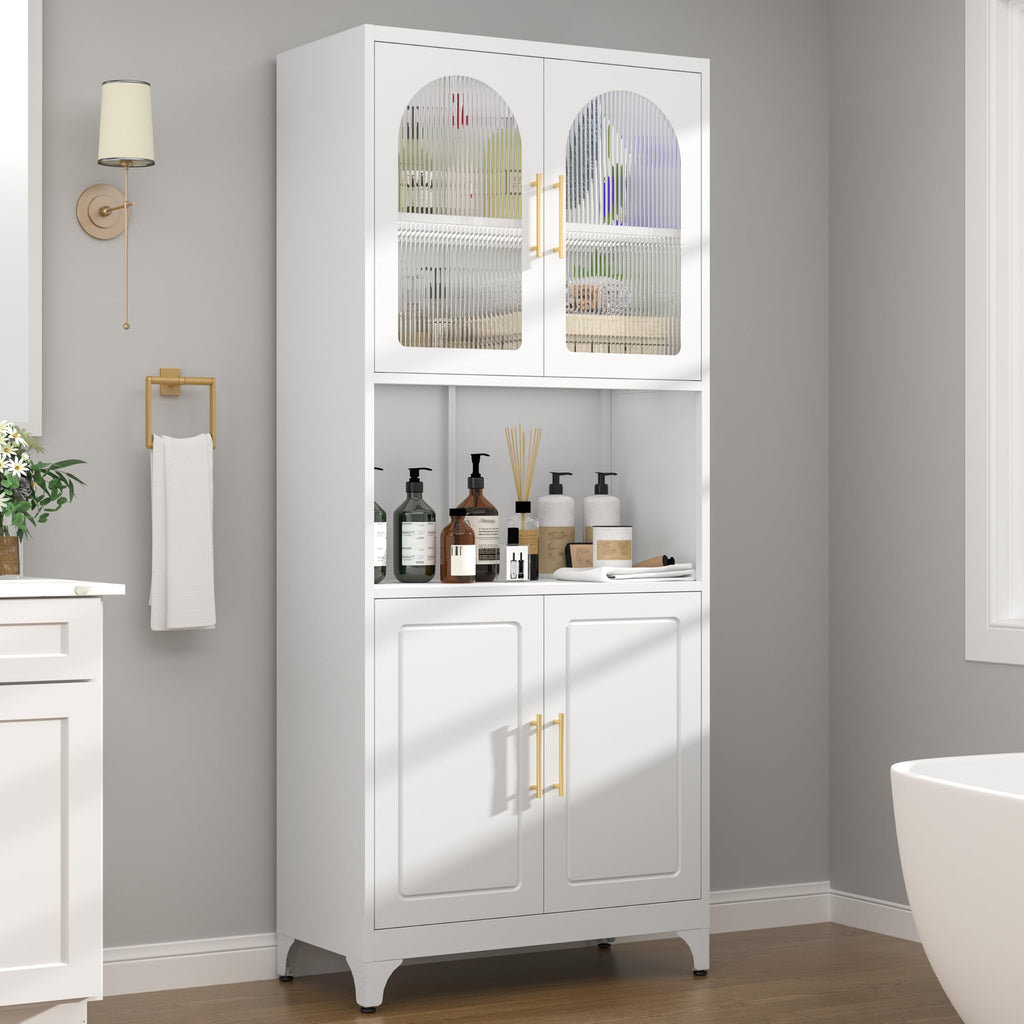 75" Tall Metal Kitchen Storage Cabinet,White Kitchen Pantry Storage Cabinet with Doors and 4 Adjustable Shelves,Utility Cabinet for Living Room,Garage,Dining Room and Office,Assemble Required