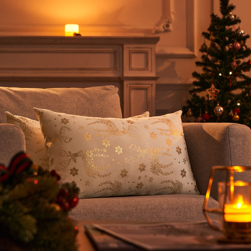 Topfinel Christmas Pillow Covers 18x18 Set of 2,Xmas Cream Velvet Snowflake Reindeer Decorative Pillow Case Winter Holiday Decor for Home Couch,White and Gold