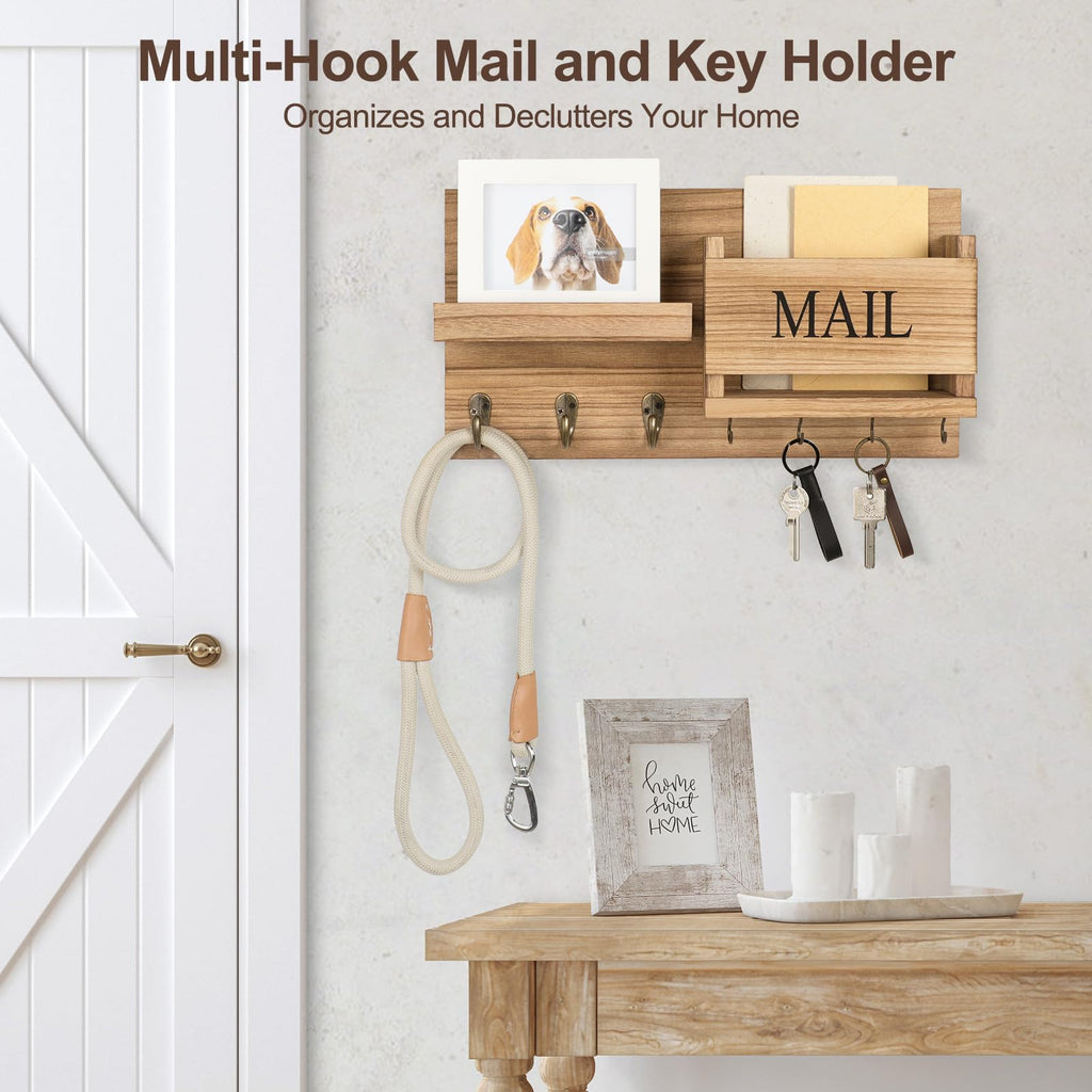 Mail Organizer for Wall Mount – Key Holder with Shelf Includes Letter Holder and Hooks for Hallway Farmhouse Decor – Rustic Wood with Flush Mounting Hardware (16.5” x 9.1” x 3.4”) (White)