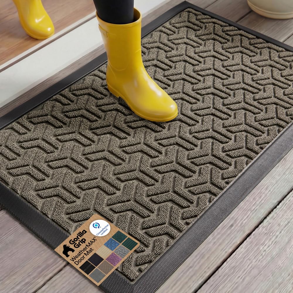 GORILLA GRIP 100% Waterproof All-Season WeatherMAX Doormat US Designed Natural Rubber, Stain Fade Resistant, Low Profile Indoor Outdoor Front Door Mats Outside Entrance, Easy Clean 29x17 Gray Diamond