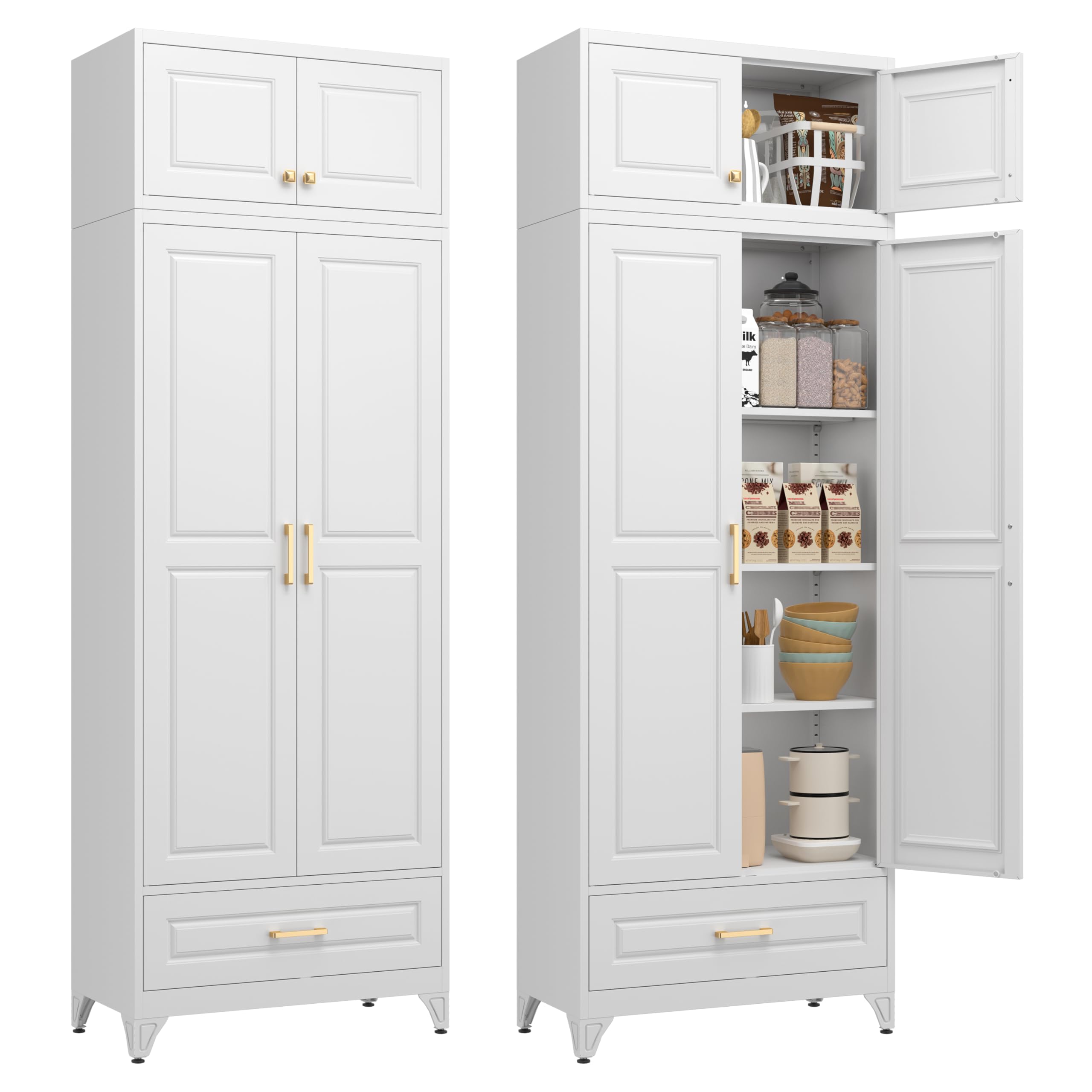 Polup White Kitchen Pantry Cabinet, 71 Inch Tall Metal Storage Cabinet with Doors and Shelves, Pantry Cabinets for Kitchen Storage, Freestanding Cupboard for Living, Dining Room, Assemble Required