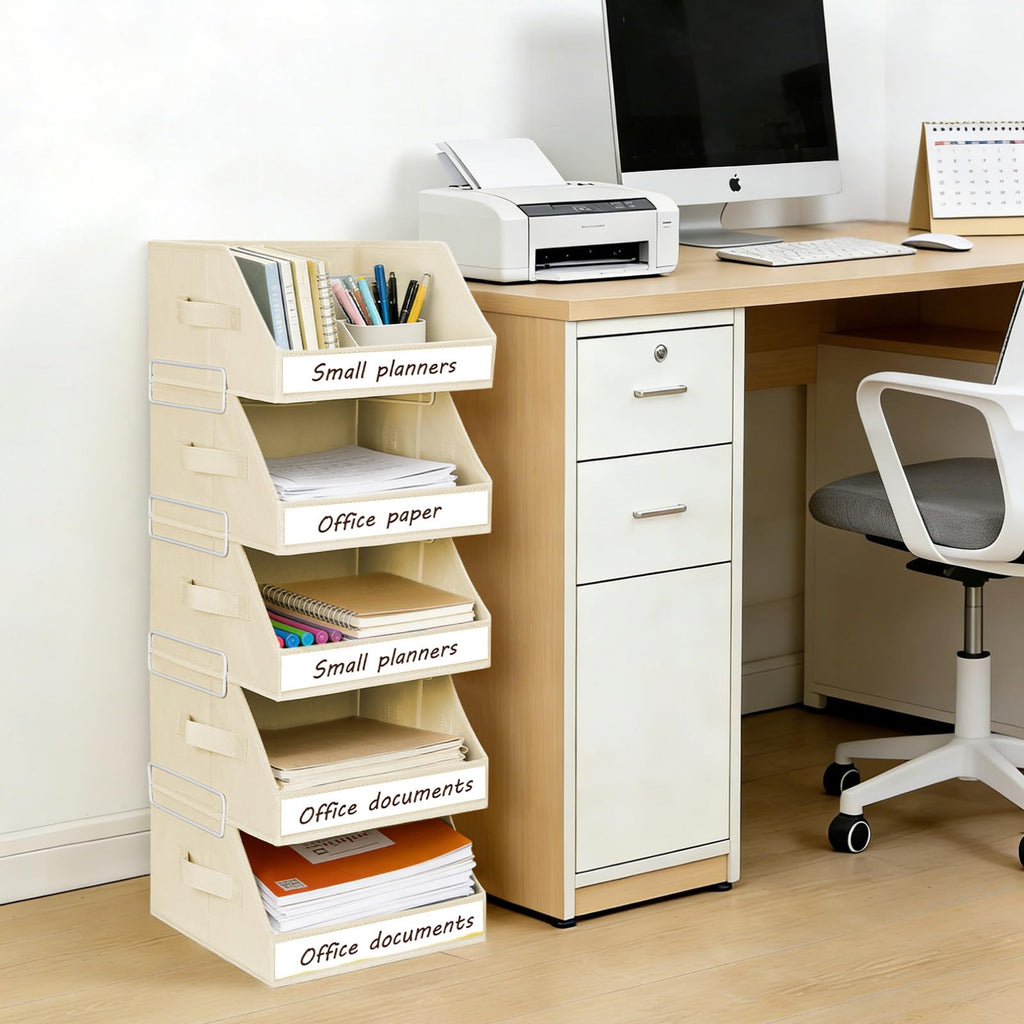 Homsorout Closet Organizers and Storage - 5 Tier Shelf Organizer with Weekly Labels, Stackable Storage Bins with Metal Frame, Foldable Cube Bins, Home Baskets for Kids and Adults, Beige