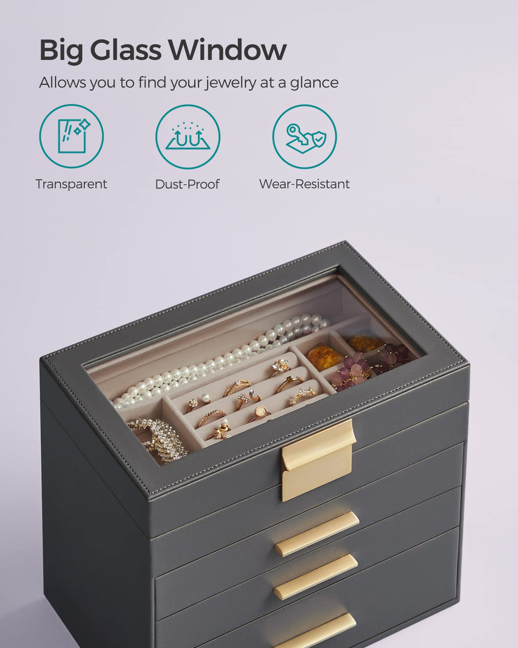 SONGMICS GISELLA Collection - Jewelry Box Organizer, 3-Layer Jewelry Storage with 2 Drawers, Shiny Metal Hardware, Glass Lid, Modern, 8 x 9.1 x 5.3 Inches, Cloud White and Gold Color UJBC239WT