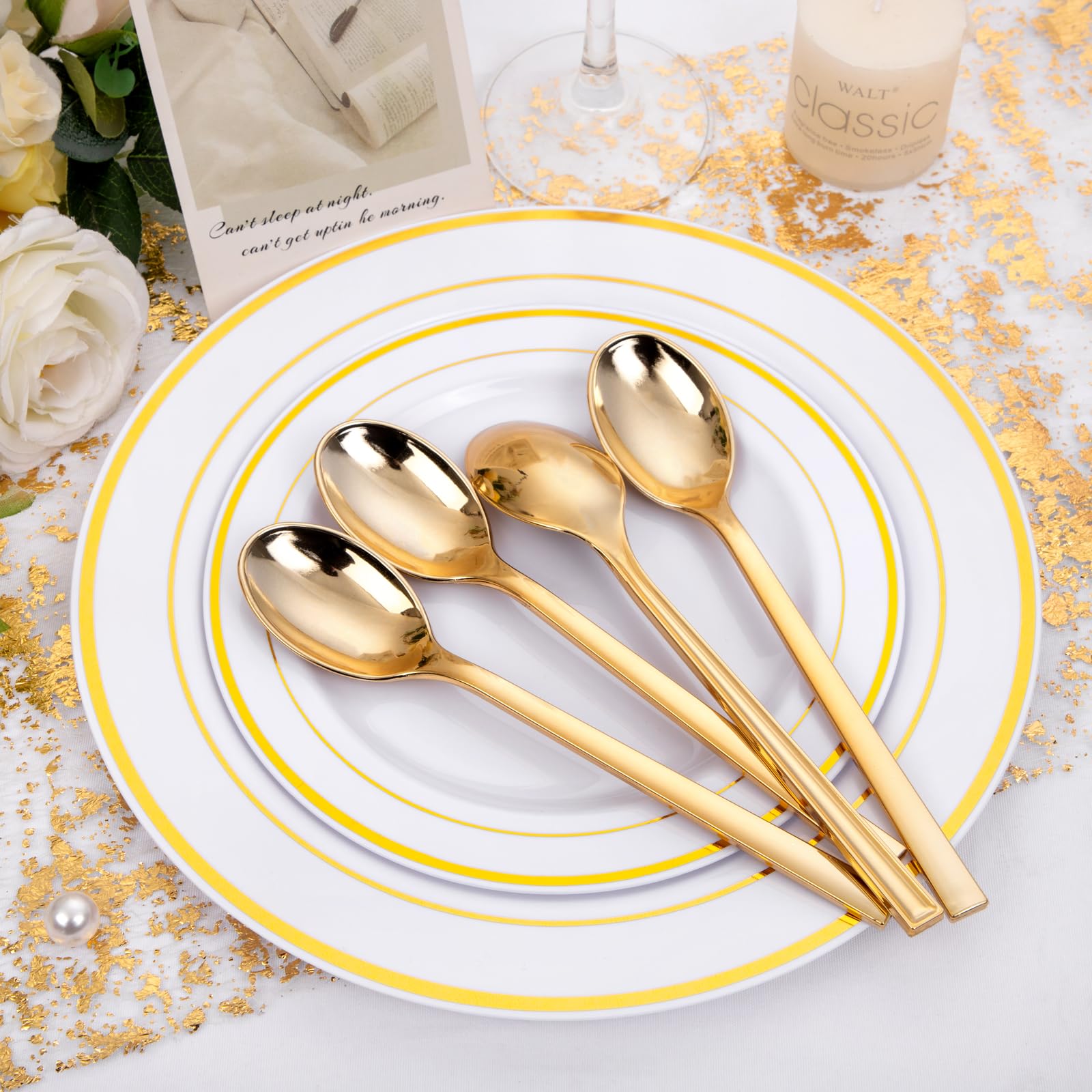DaYammi 100Pcs Gold Plastic Spoons, Disposable Silverware, plastic Cutlery Heavy Duty Disposable Flatware Dinnerware Perfect for Dinner Parties, Gold disposable Spoons for Party Wedding Dinner