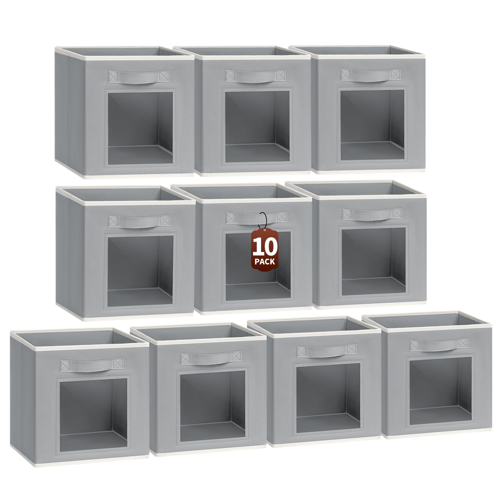 Homsorout Storage Cube 11 Inch - Cube Storage Bins with Window, Closet Storage Baskets with Handle, Fabric Bins for Closet, Shelves, Toys, Clothes, Set of 6, Grey