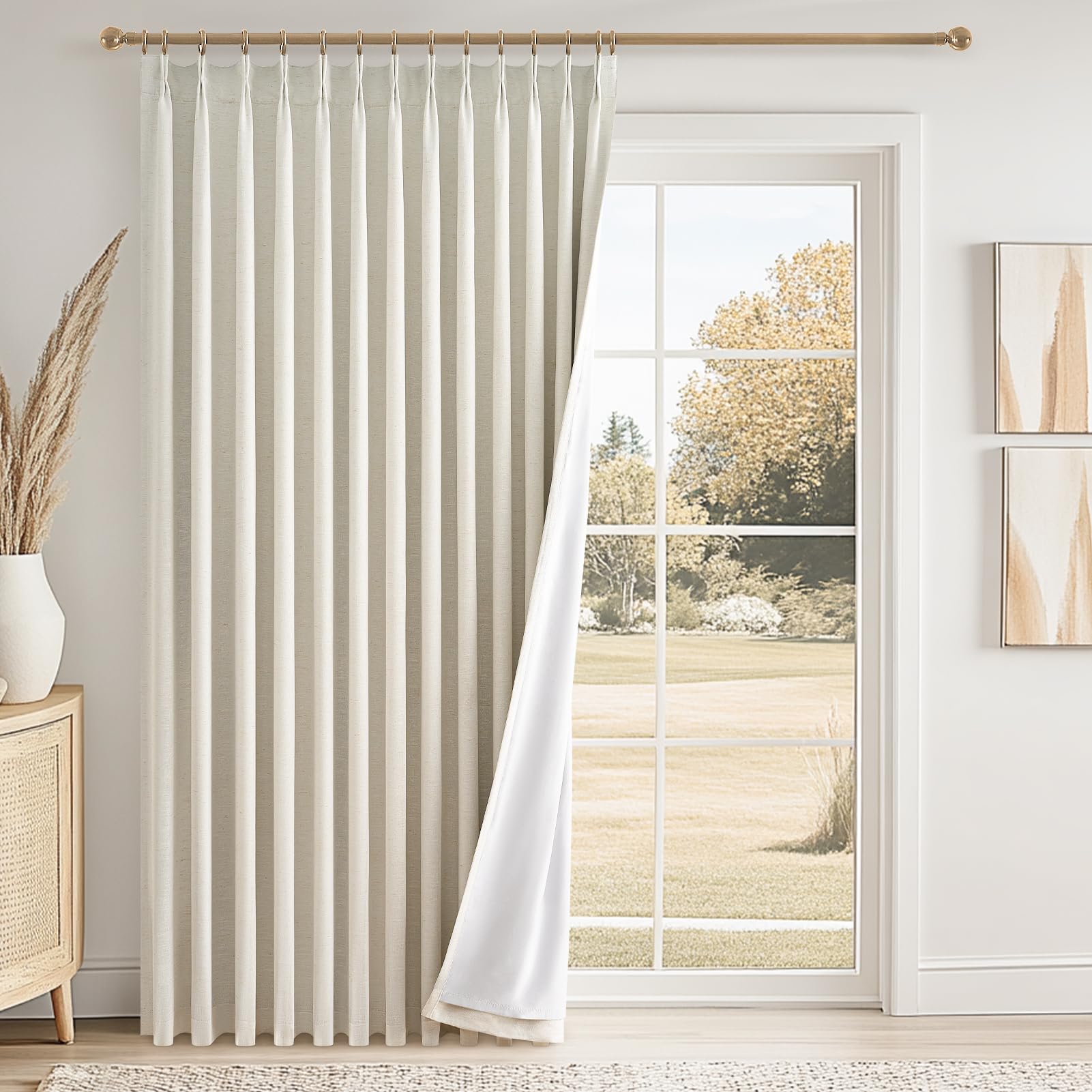 Topfinel 96 Inches Long Pinch Pleated 100% Blackout Curtains,Thermal Insulated Natural Linen Pinch Pleat Viral Drapes with Hooks Rings 2 Panel Sets,Neutral Beige Ivory 8FT Back Tab Window Curtains