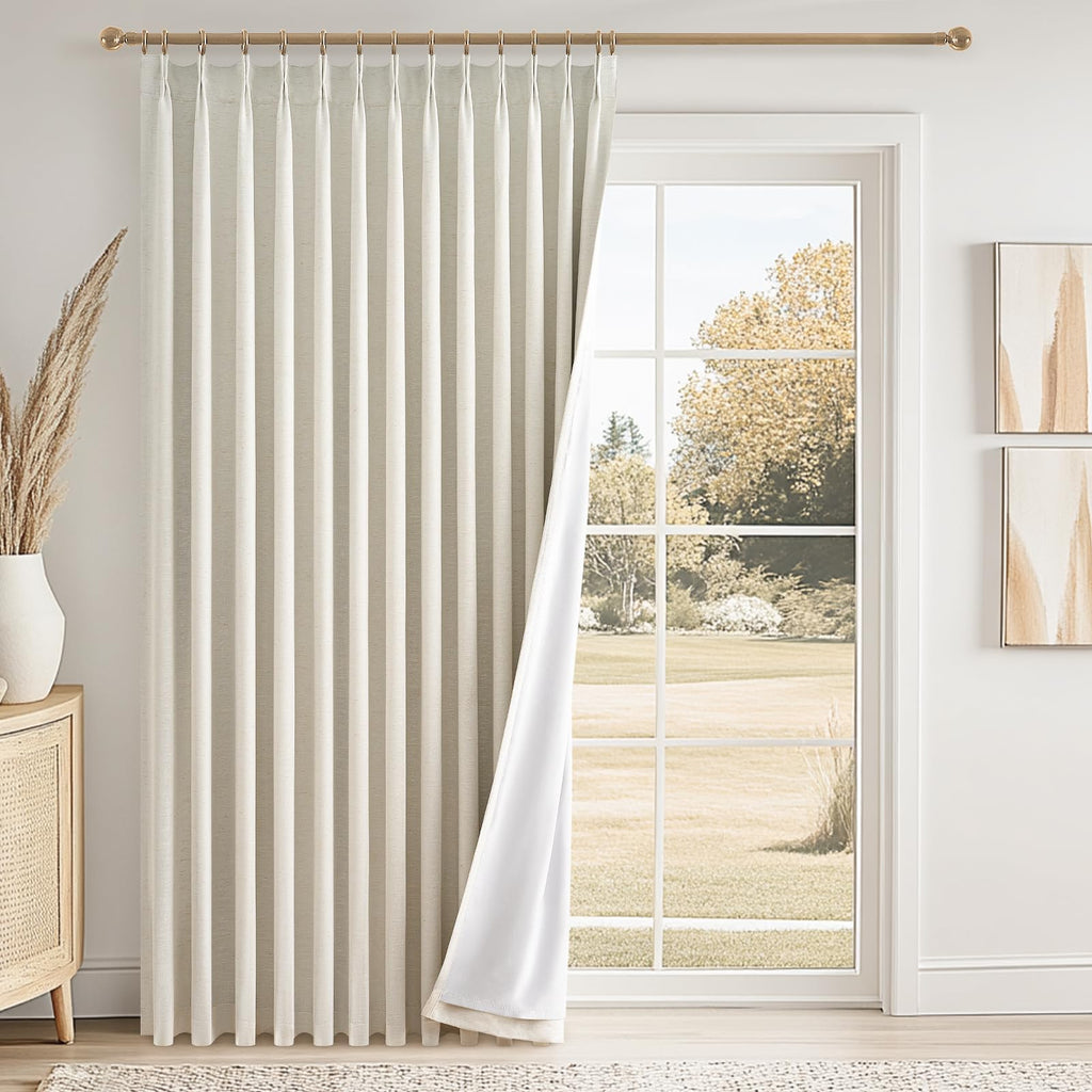 Topfinel 96 Inches Long Pinch Pleated 100% Blackout Curtains,Thermal Insulated Natural Linen Pinch Pleat Viral Drapes with Hooks Rings 2 Panel Sets,Neutral Beige Ivory 8FT Back Tab Window Curtains