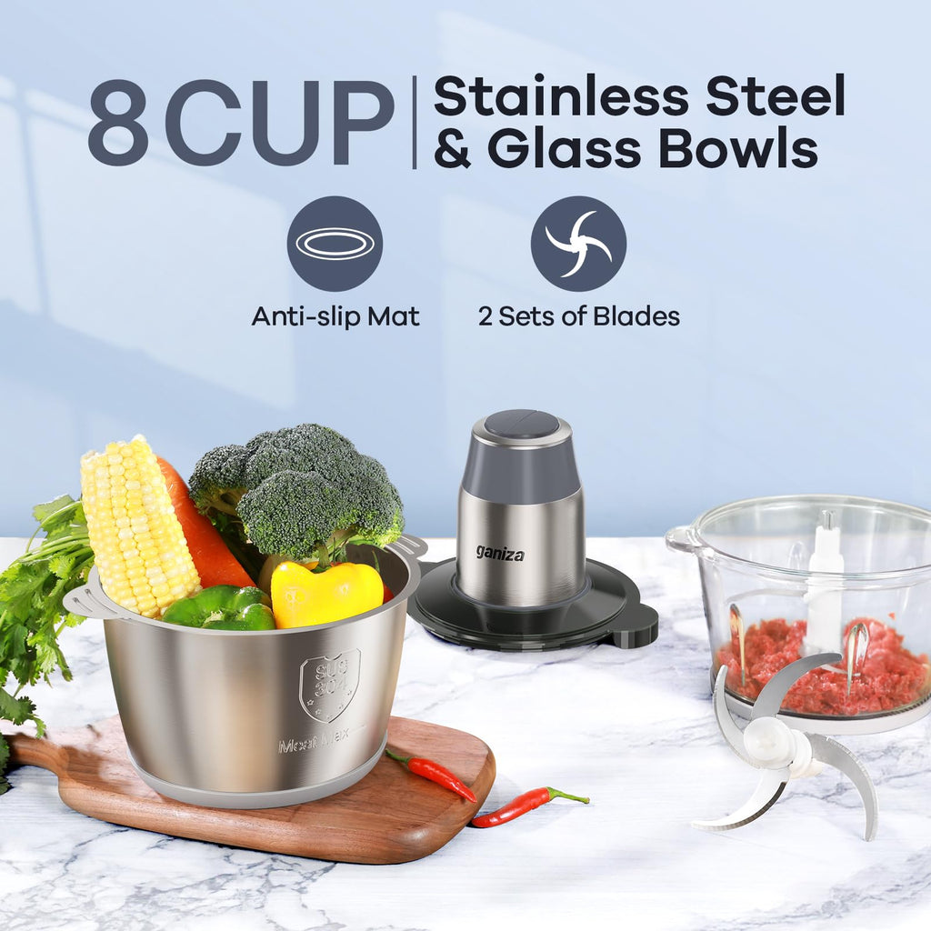 GANIZA Procesadores de alimentos, picadora eléctrica de alimentos con picadora de carne y picadora de verduras, 2 cuencos (8 tazas+8 tazas) con potente motor de cobre de 450 W, incluye 2 juegos de