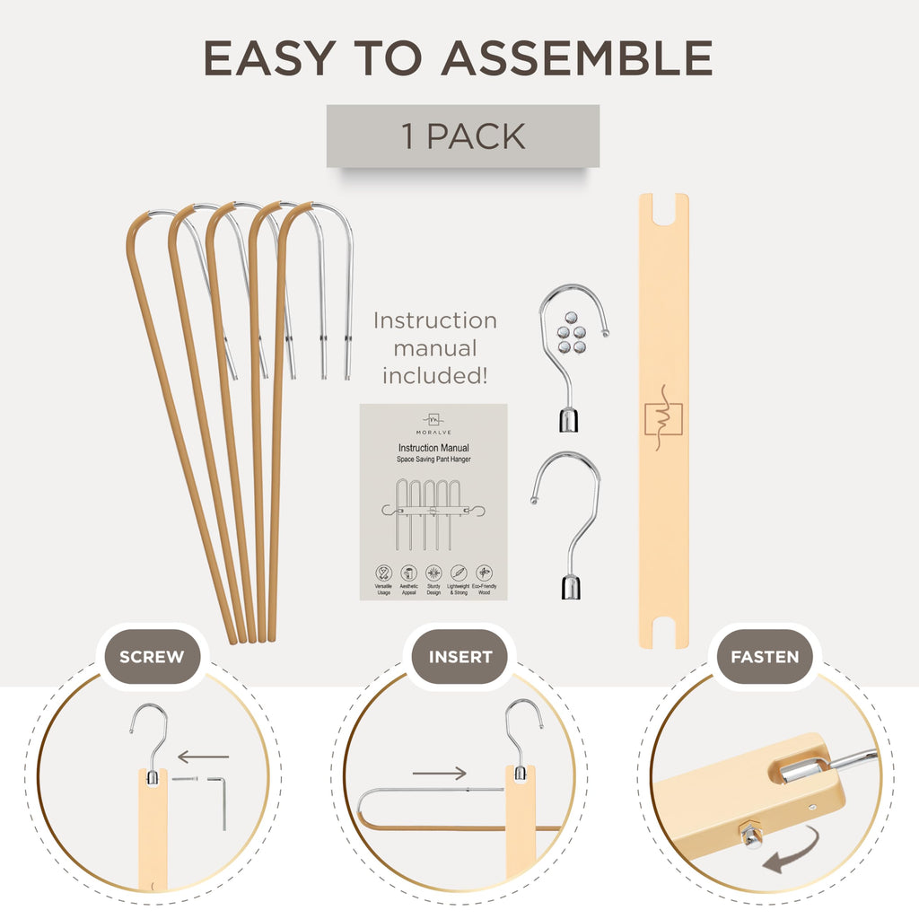 MORALVE Pants Hangers Space Saving - 2 Pack European Beechwood Scarf and Jean Hangers - Closet Organizer and Space Saver Pant Rack, Leggings Hanger, and Scarf Holder with 360° Swivel Hook