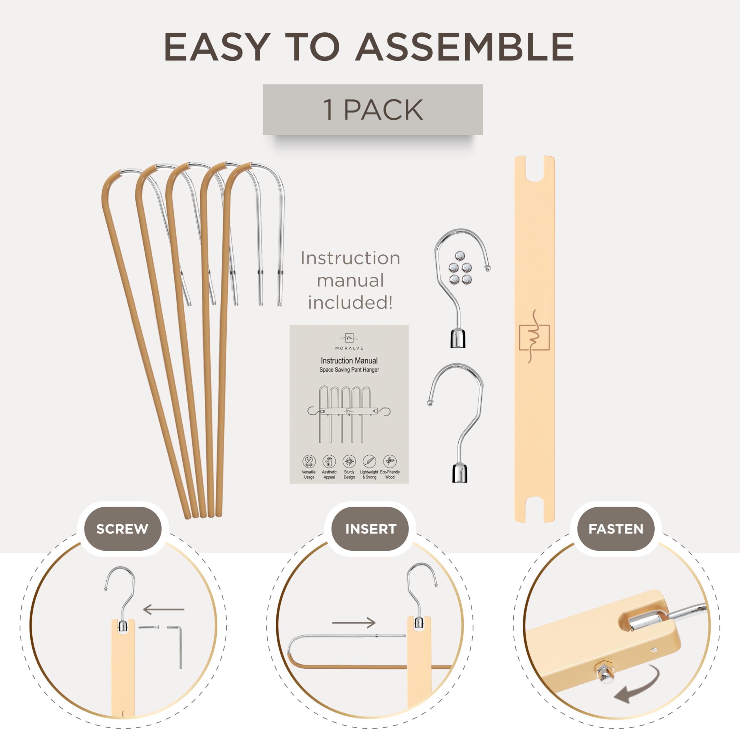 MORALVE Pants Hangers Space Saving - 2 Pack European Beechwood Scarf and Jean Hangers - Closet Organizer and Space Saver Pant Rack, Leggings Hanger, and Scarf Holder with 360° Swivel Hook