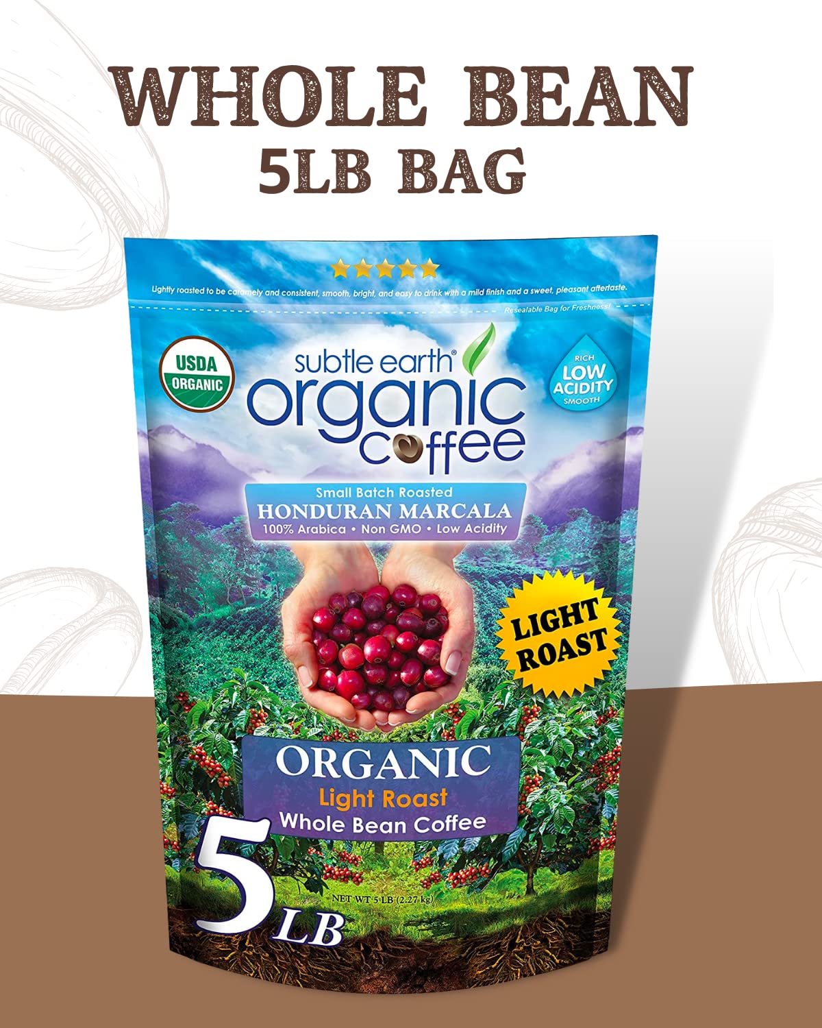 2LB Subtle Earth Organic Coffee - Dark Roast - Whole Bean Coffee - 100% Arabica Beans - Low Acidity and Non-GMO - 2lb bag