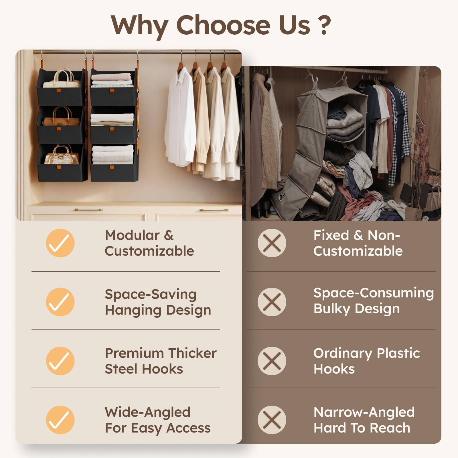 Homsorout Hanging Closet Organizer 4 Tier - Clothes Hanging Shelves, Space-Saving Closet System, Fabric Storage Bins Bedroom Organization, Collapsible Baskets for Home, Dorm, Rv, Beige